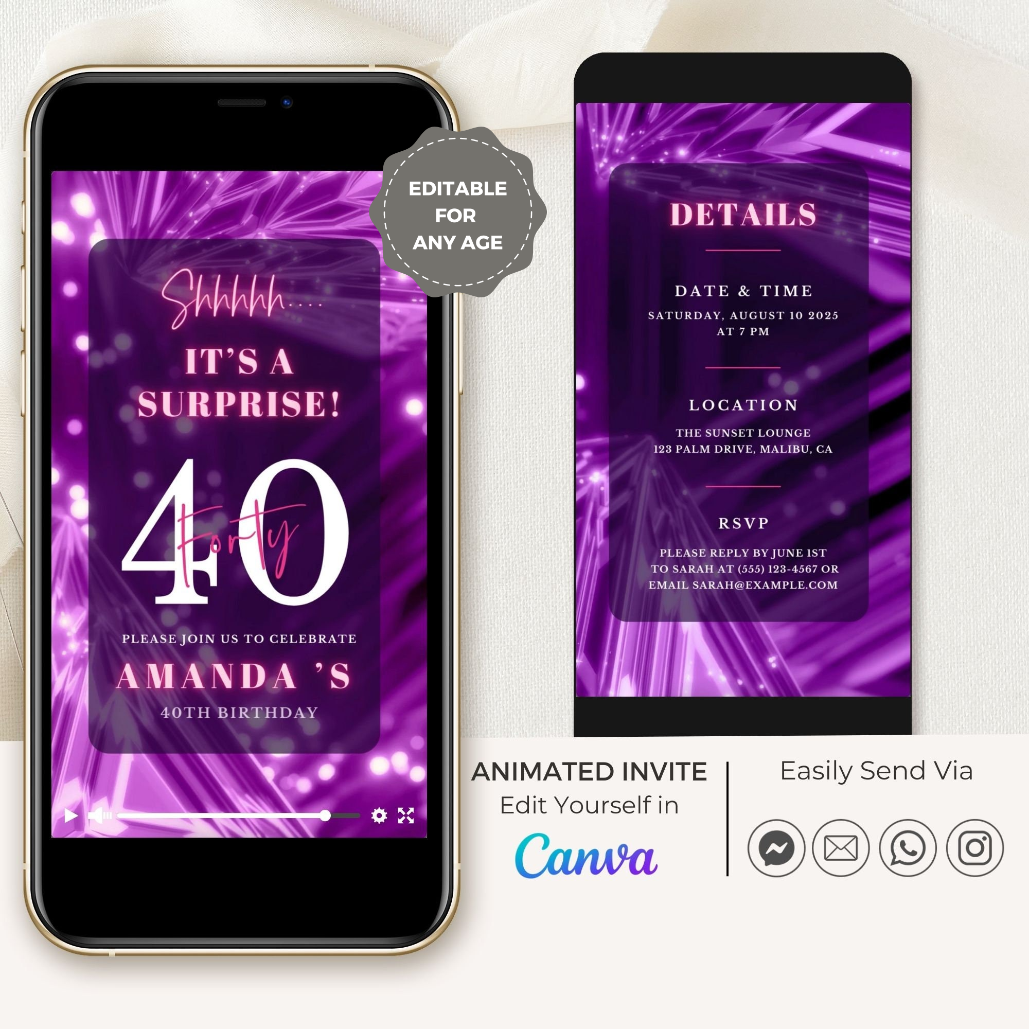 SPARKLE Video Birthday Invitation Purple