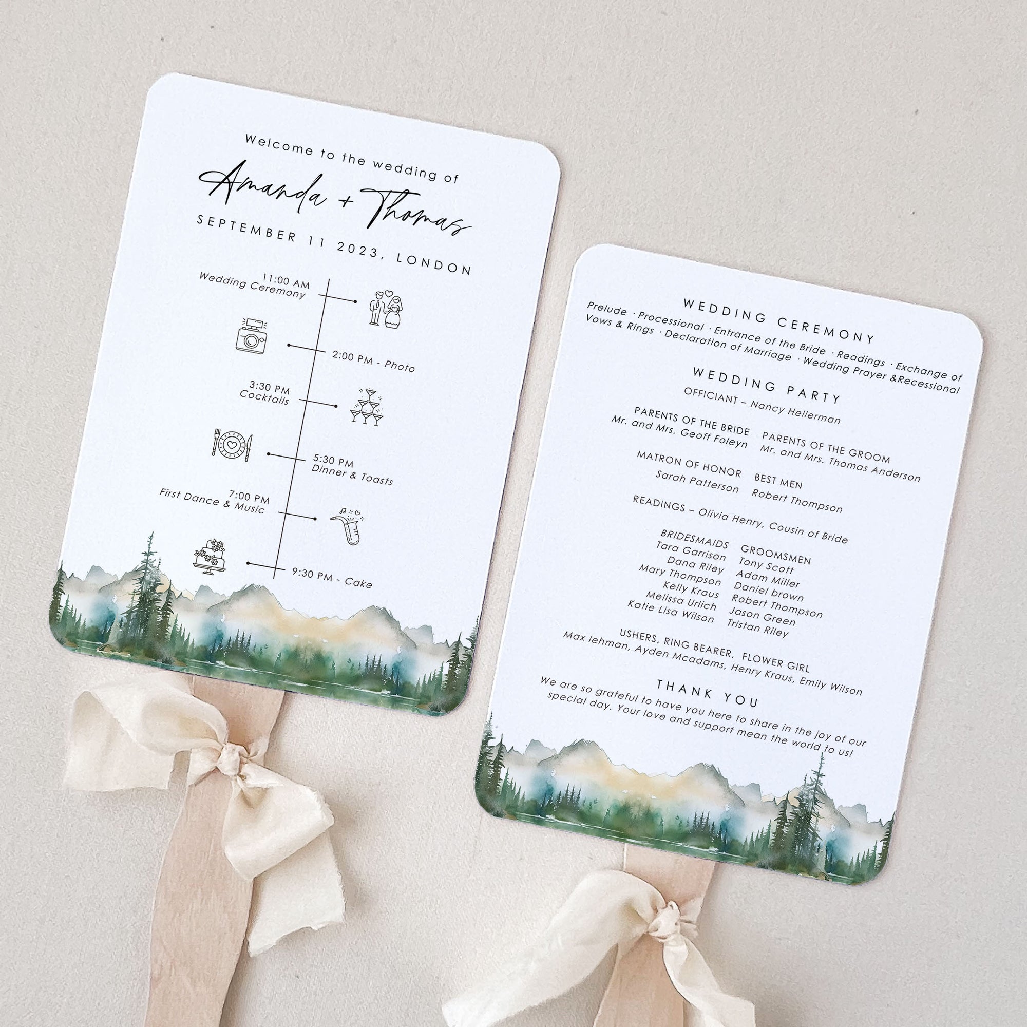 ARNA Mountain Wedding Program Fans Diy