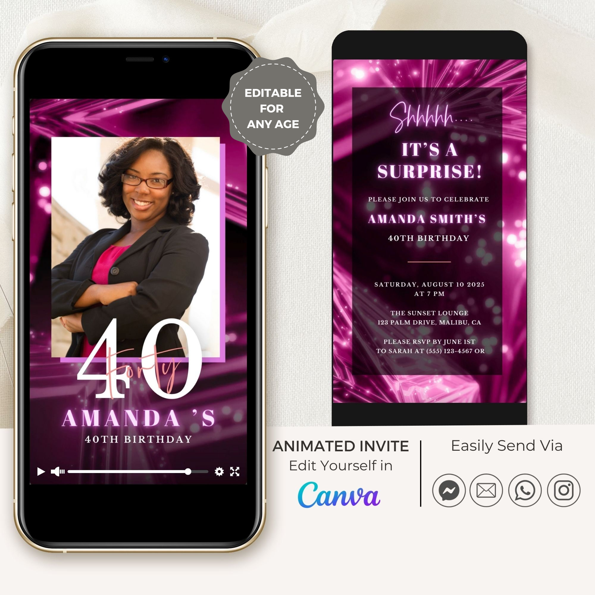 SPARKLE Video Birthday Invitation with Photo Fuchsia