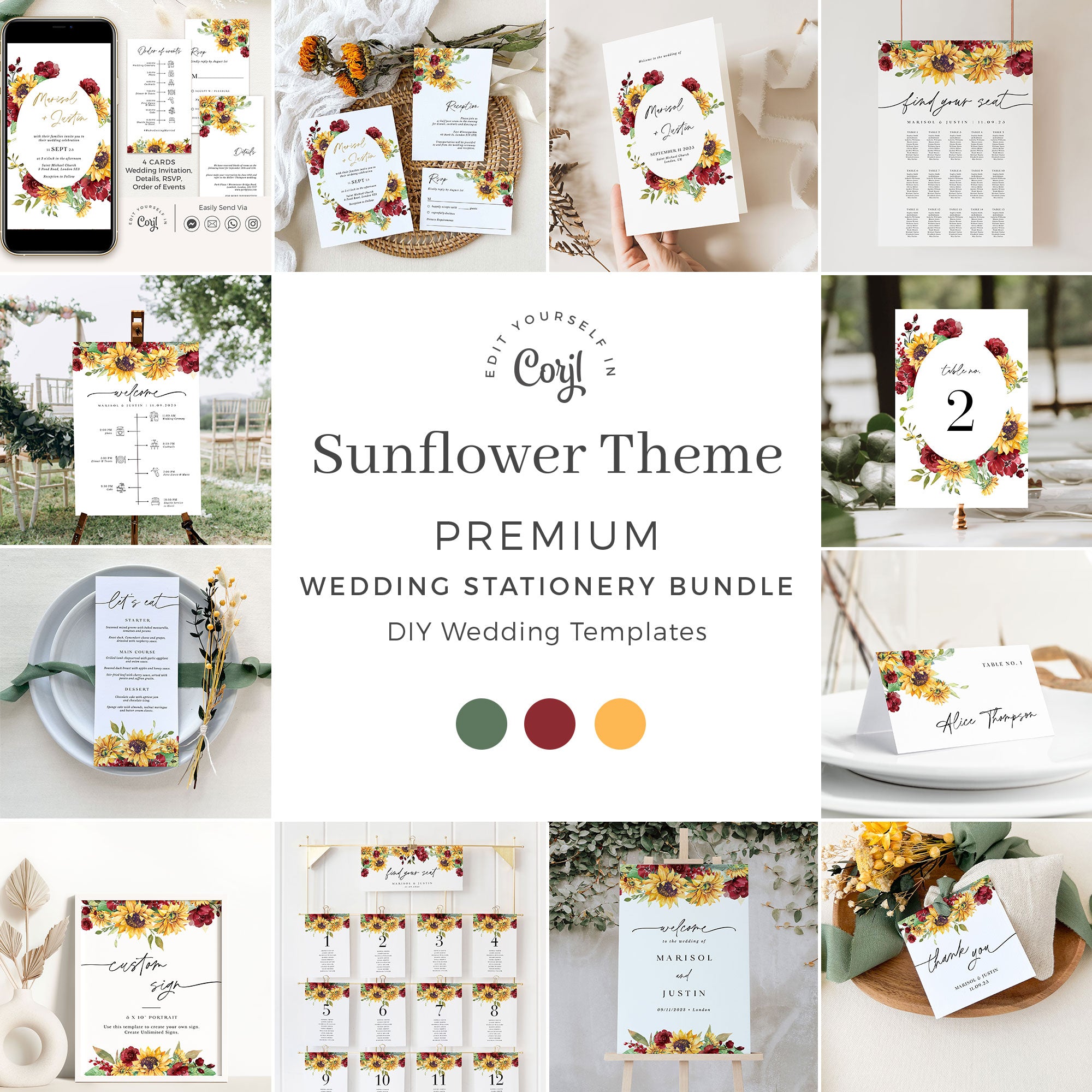 RUBY Printable Sunflower Wedding Invitation Template Bundle