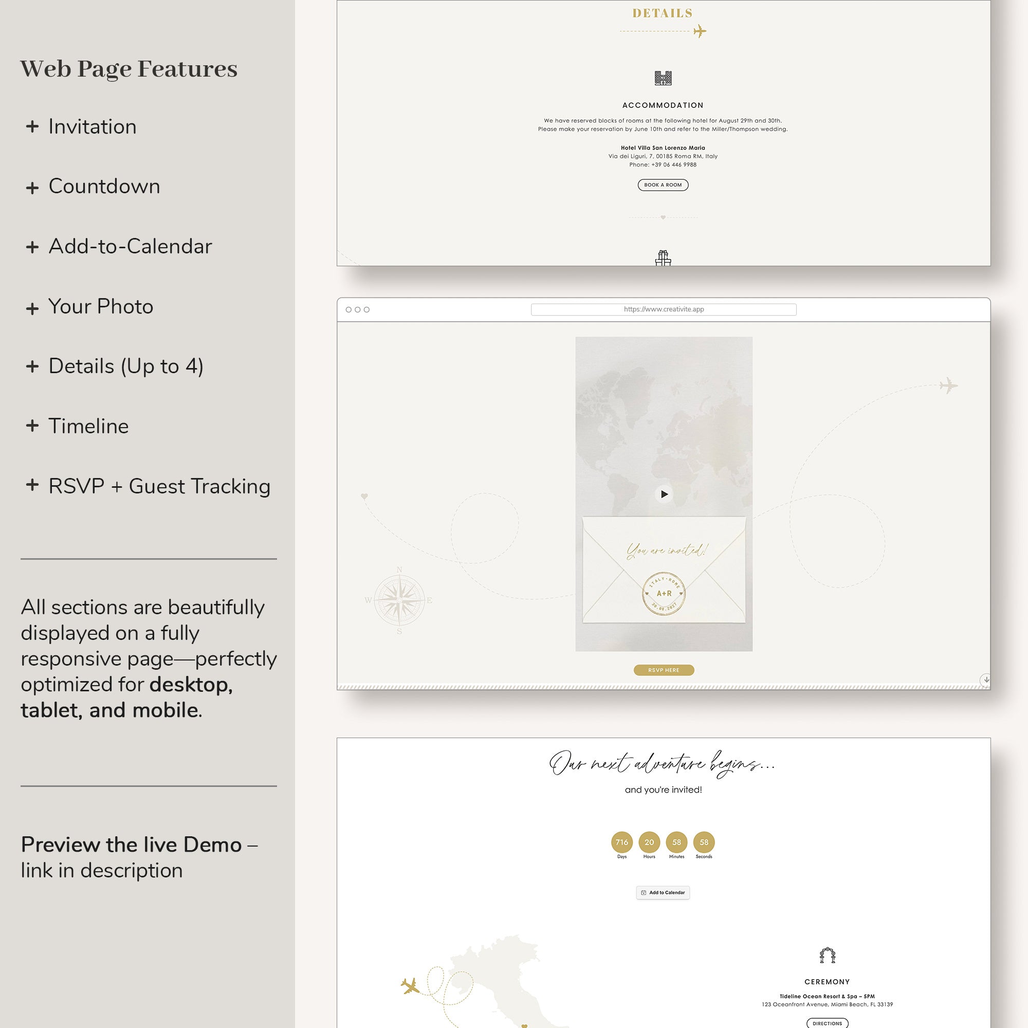 SOFIA Destination Wedding Website with Online RSVP & Animated Passport Invite
