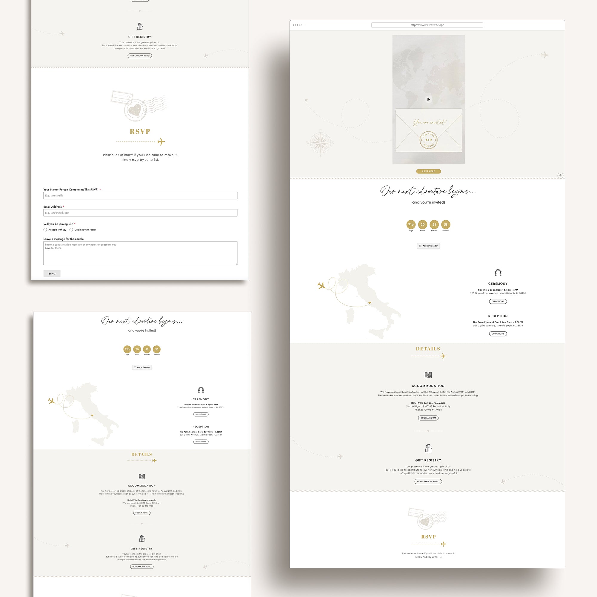 SOFIA Destination Wedding Website with Online RSVP & Animated Passport Invite
