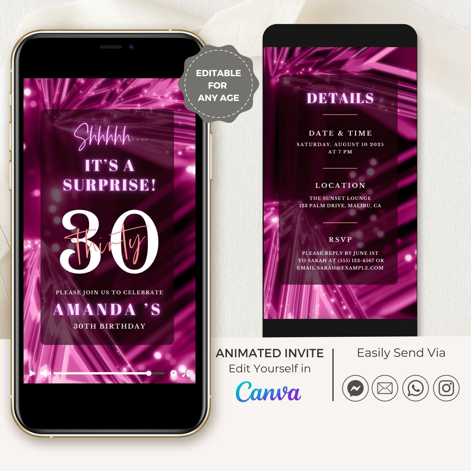 SPARKLE Video Birthday Invitation Fuchsia
