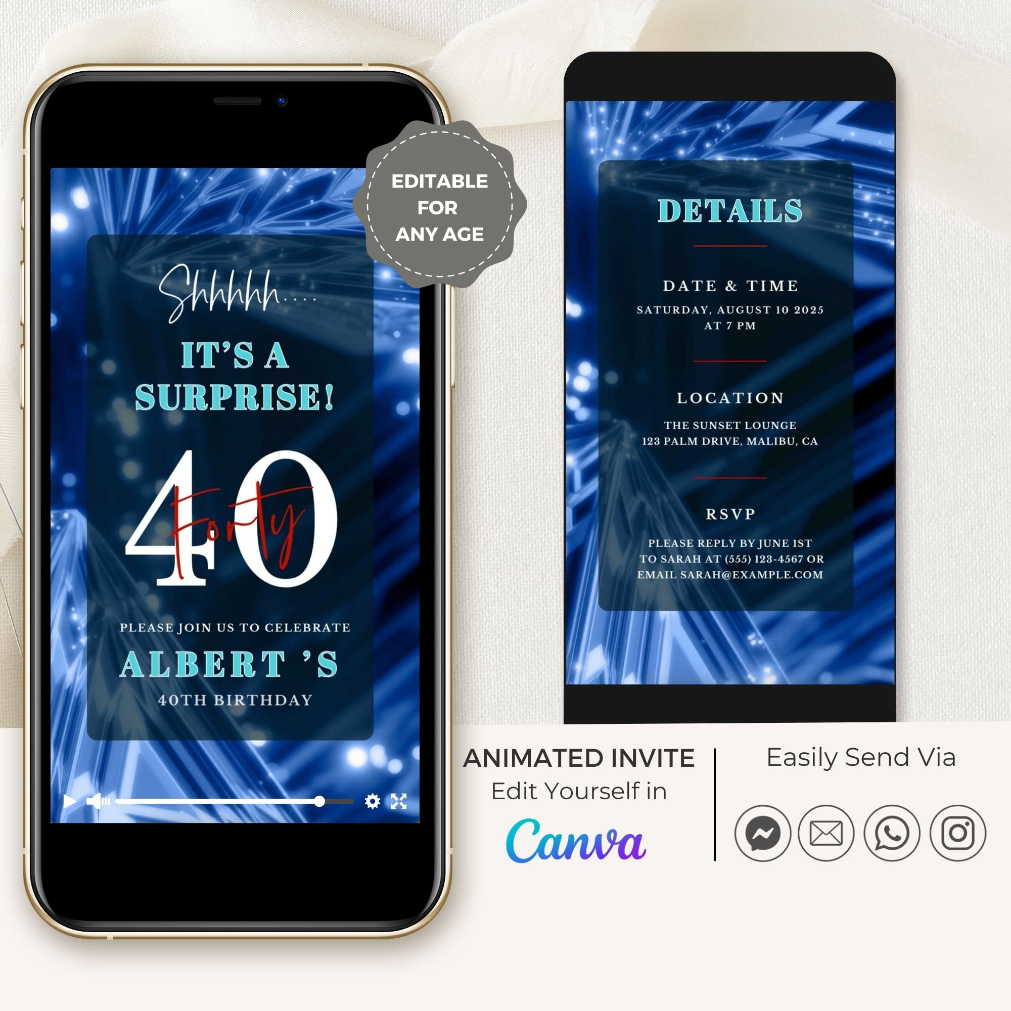 SPARKLE Video Birthday Invitation Dark Blue