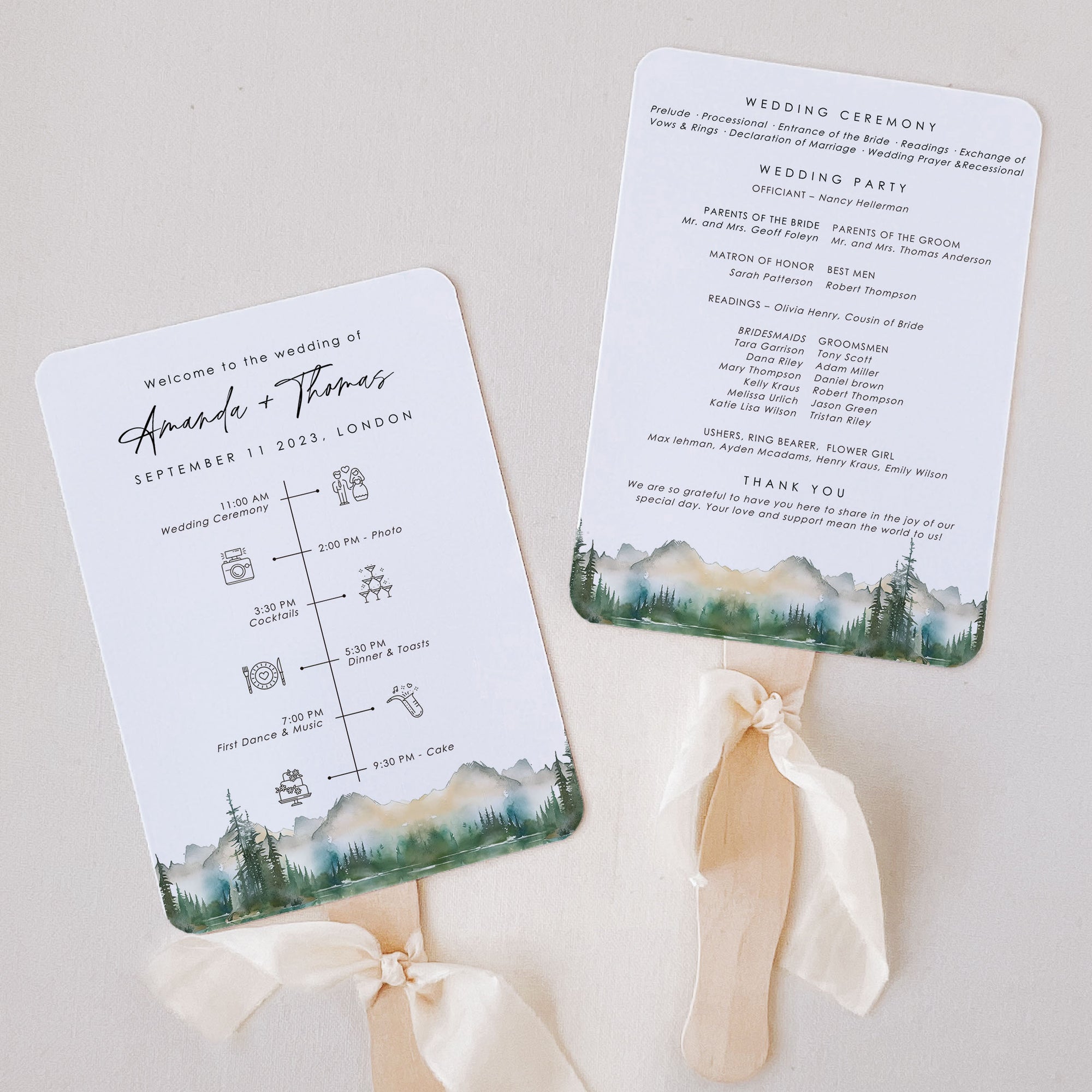 ARNA Mountain Wedding Program Fans Diy