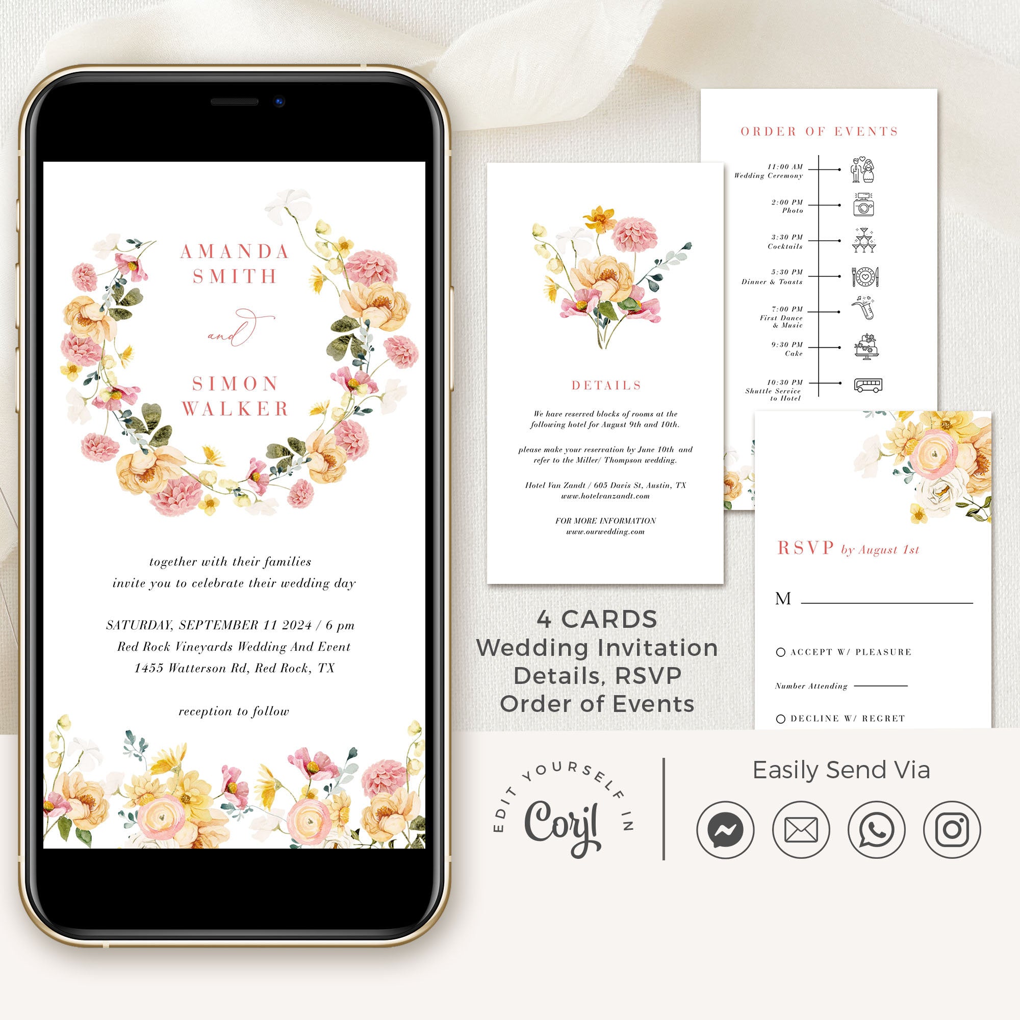 JUNE watercolor Flower Wedding Invitation Set Digital