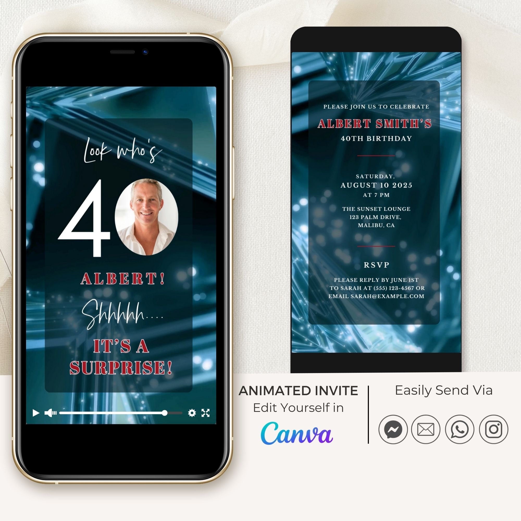 SPARKLE Video Birthday Invitation with Photo Blue
