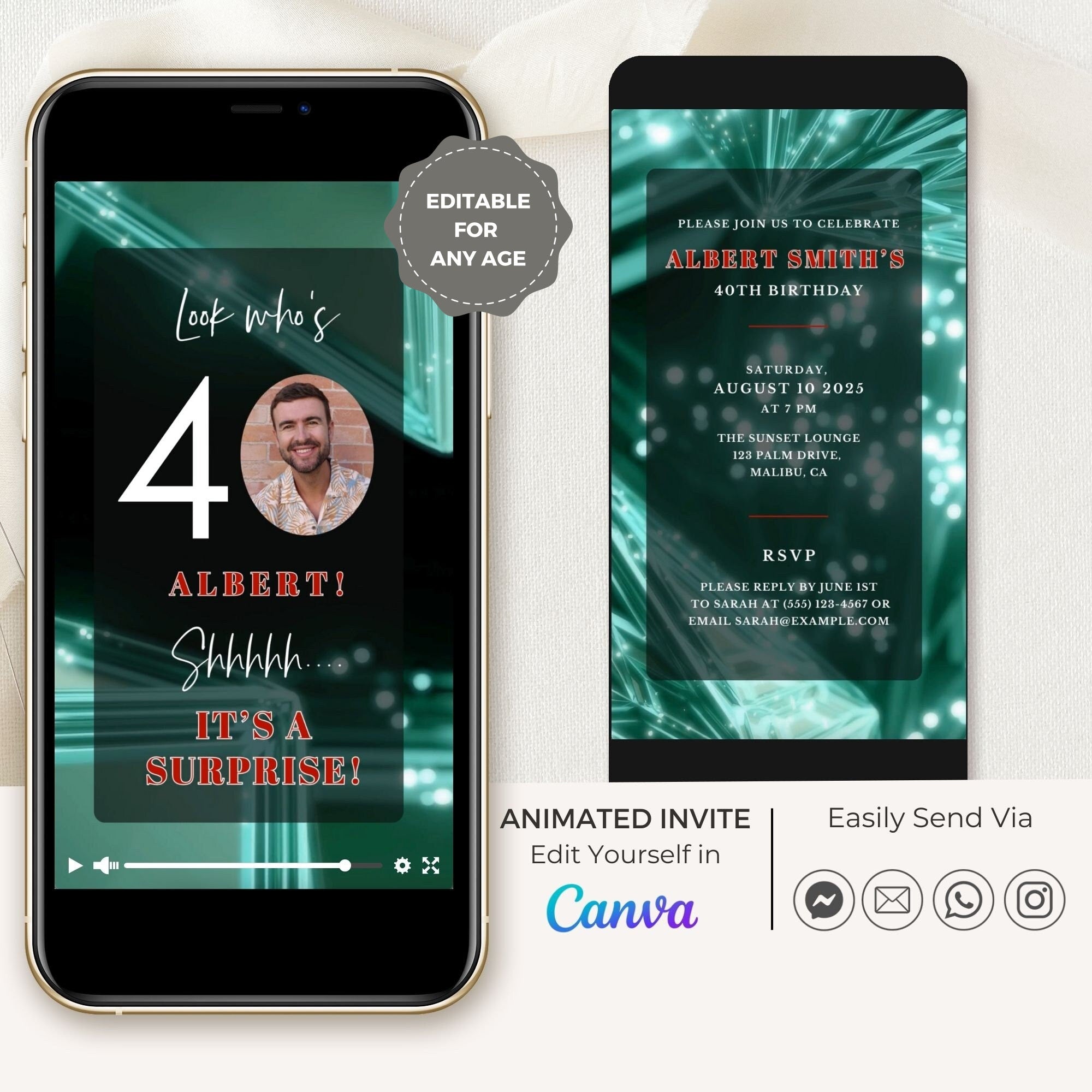 SPARKLE Video Birthday Invitation with Photo Green