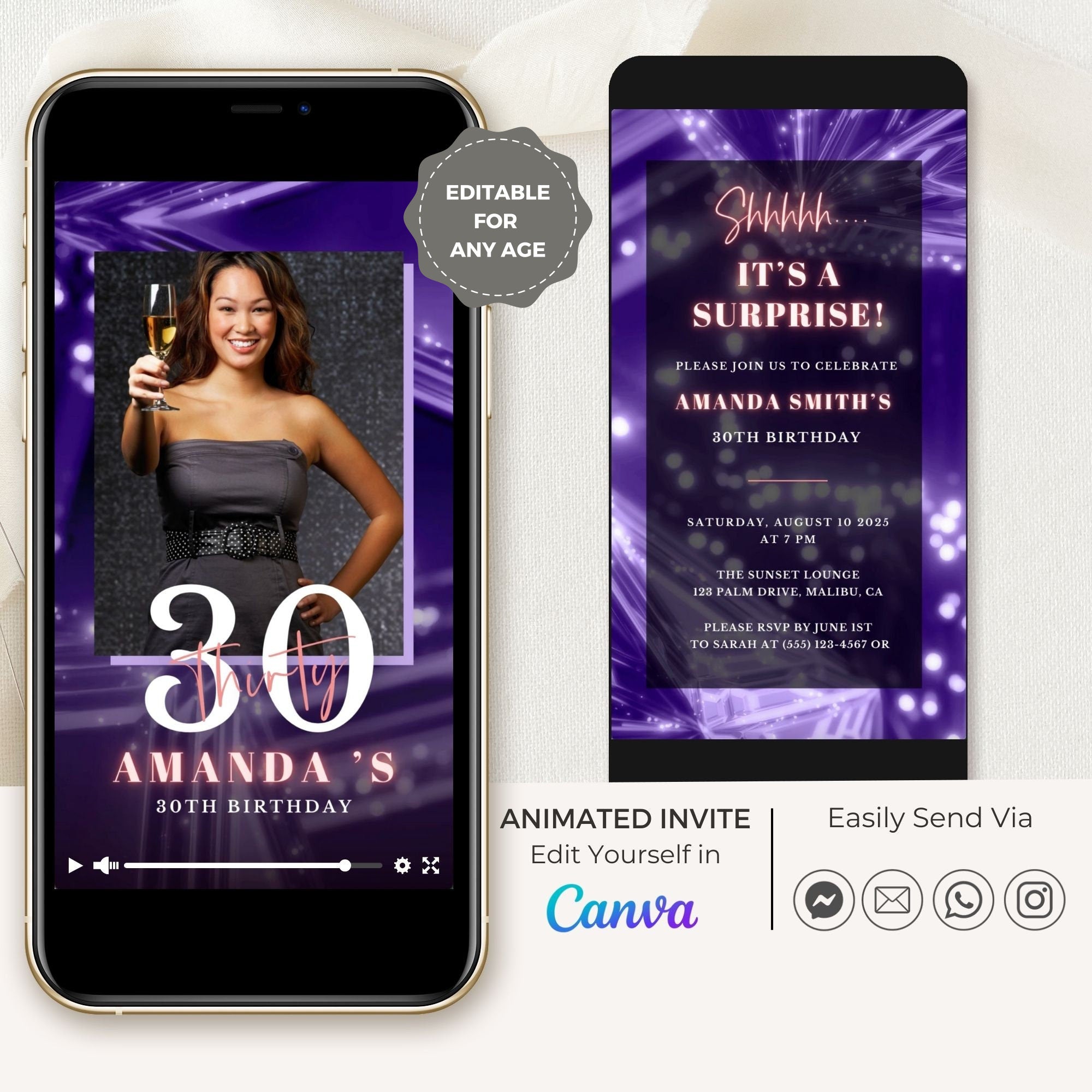 SPARKLE Video Birthday Invitation with Photo Lilac