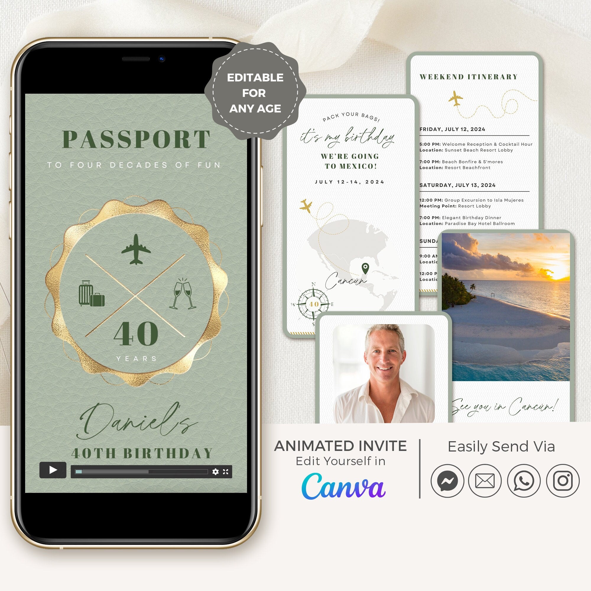 Sage Green Passport Birthday Invitation Video Template