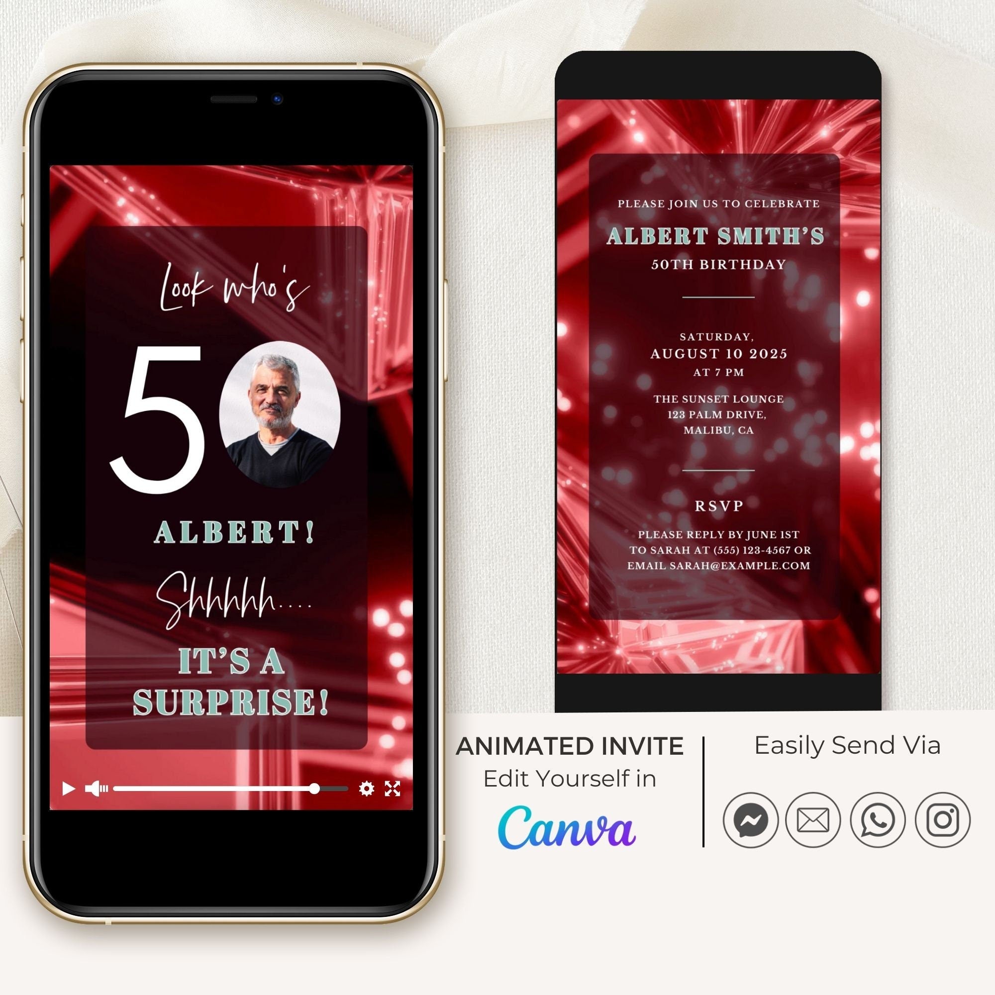SPARKLE Video Birthday Invitation with Photo Red