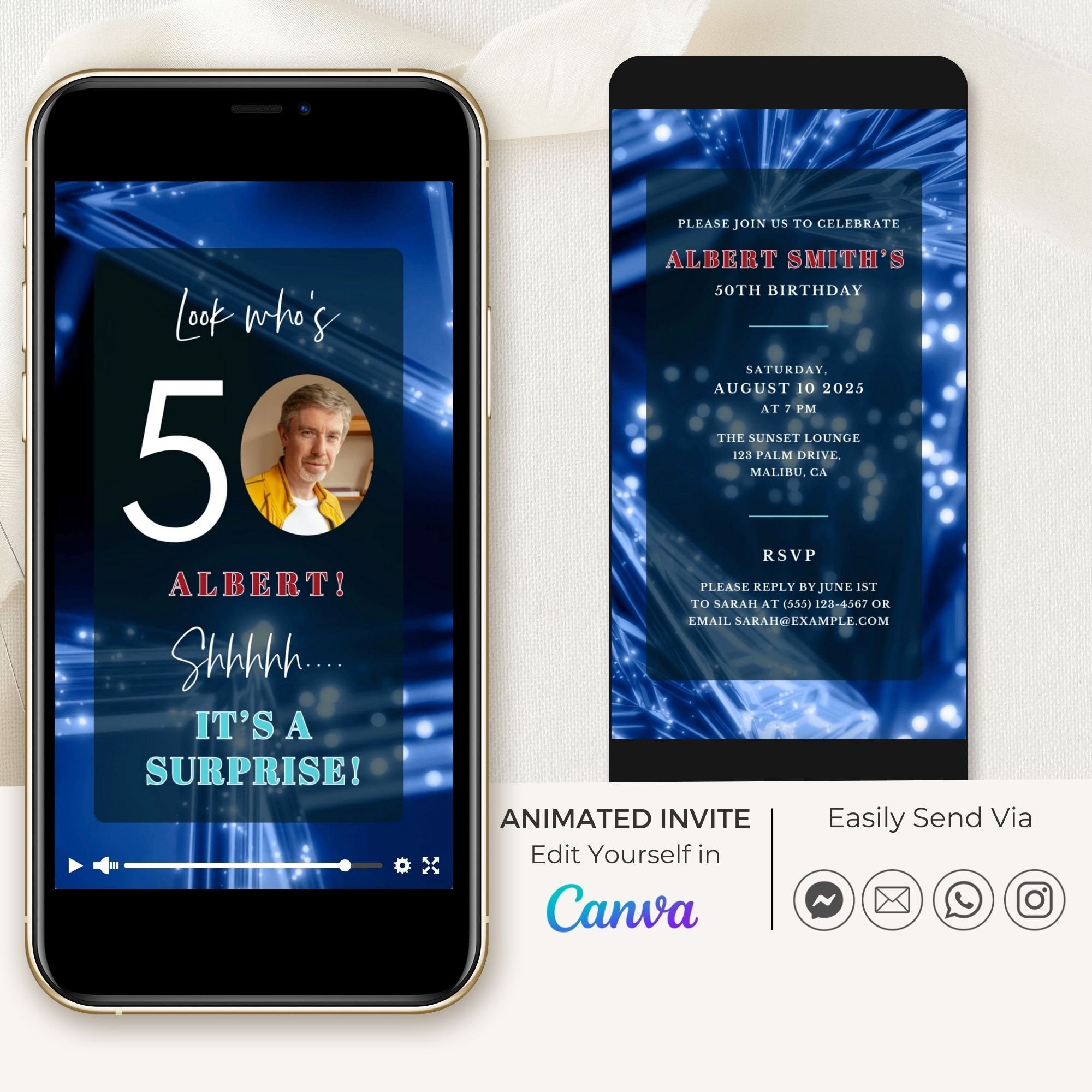 SPARKLE Video Birthday Invitation with Photo Dark Blue