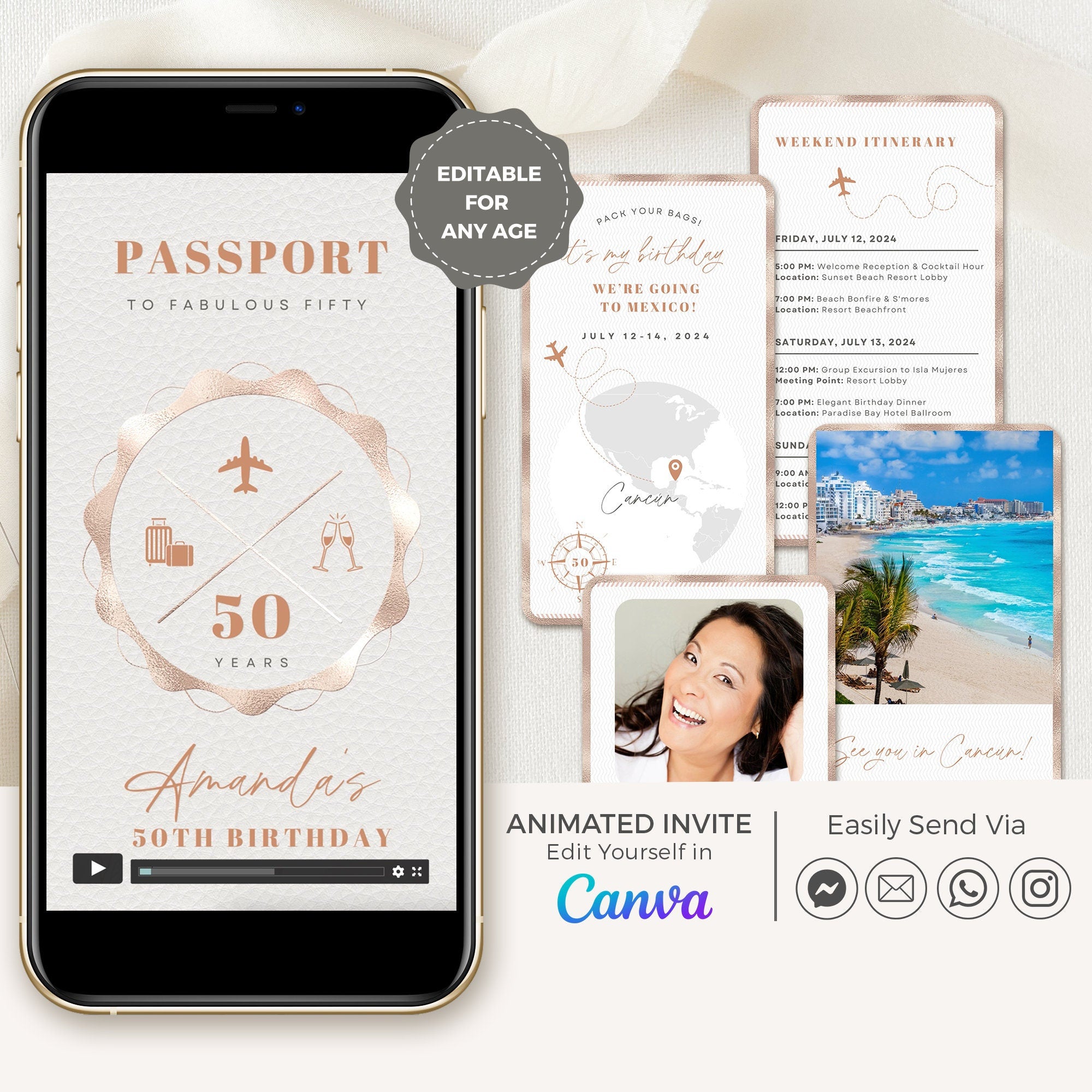 Rose Gold Passport Birthday Invitation Video Template