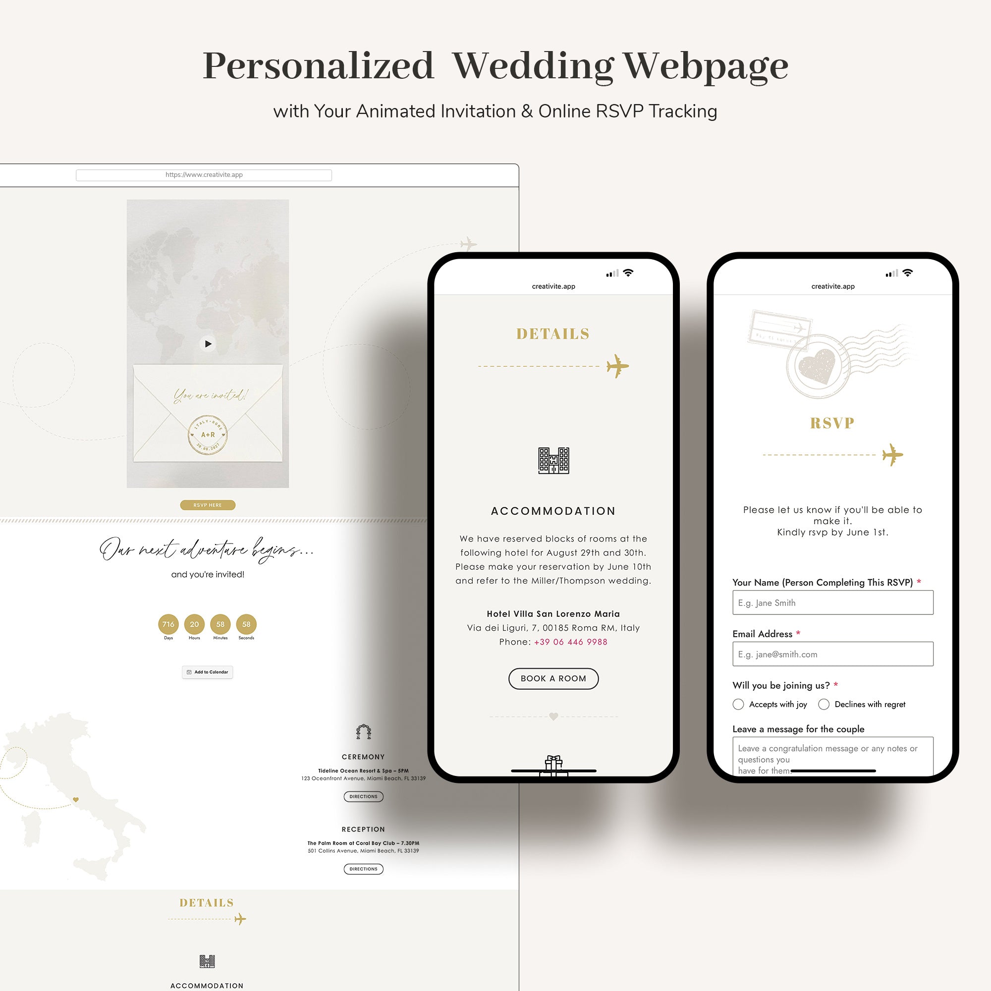 SOFIA Destination Wedding Website with Online RSVP & Animated Passport Invite
