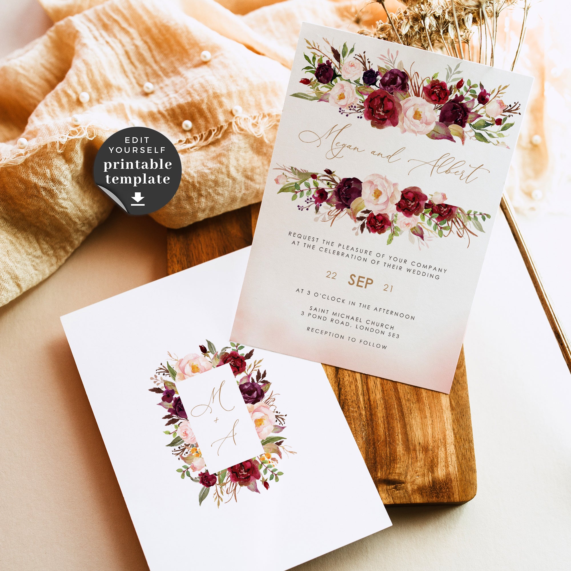 Rosita | Blush & Burgundy Wedding Invitation Set Template