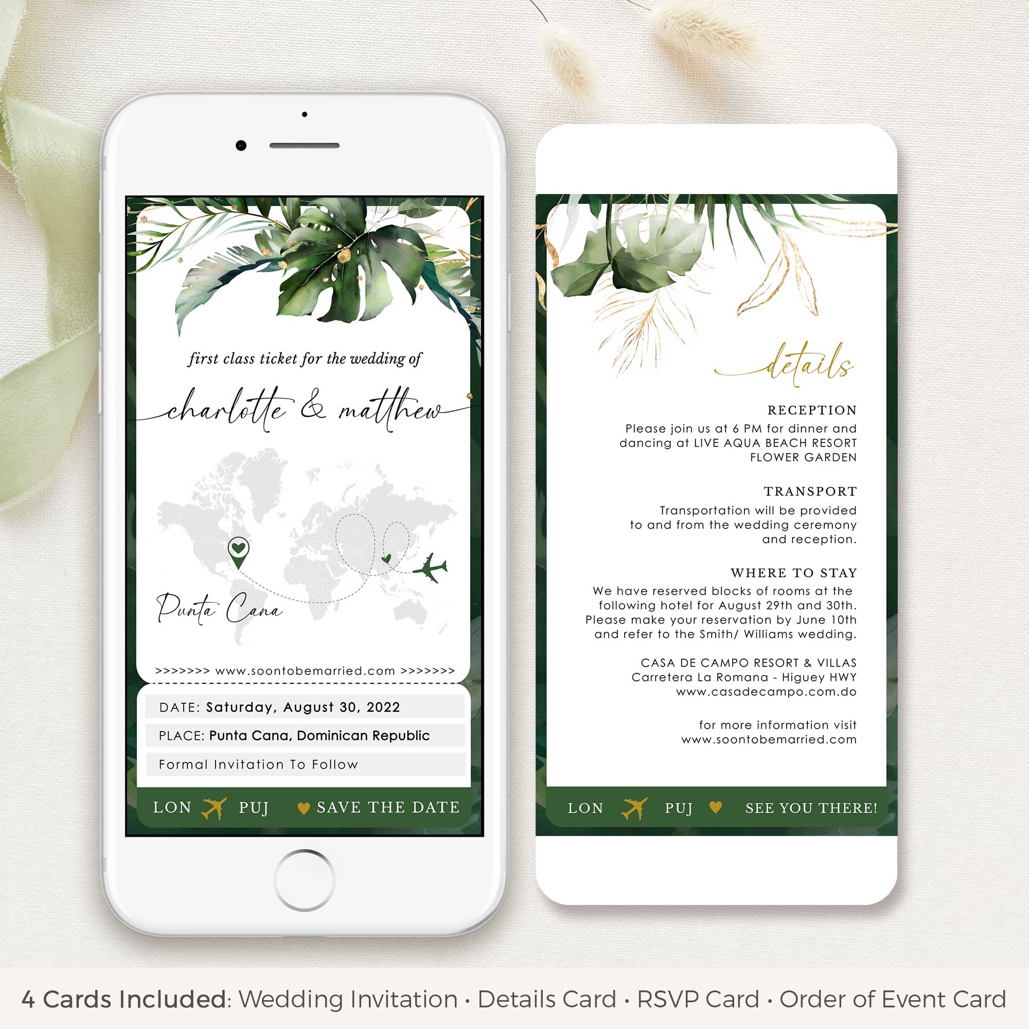 PALMA Tropical Wedding Boarding Pass Wedding Invitation Evite