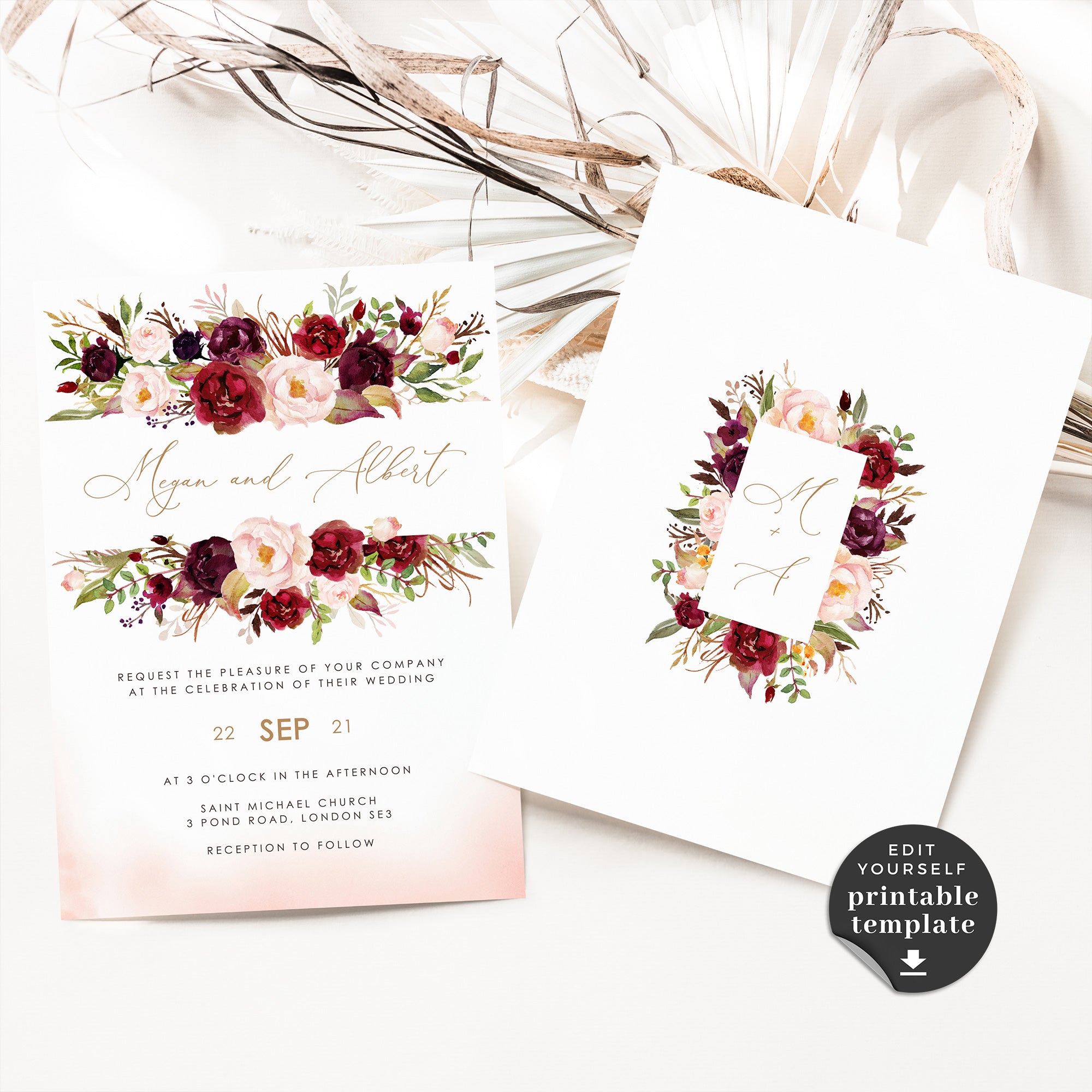 Rosita | Blush & Burgundy Wedding Invitation Set Template