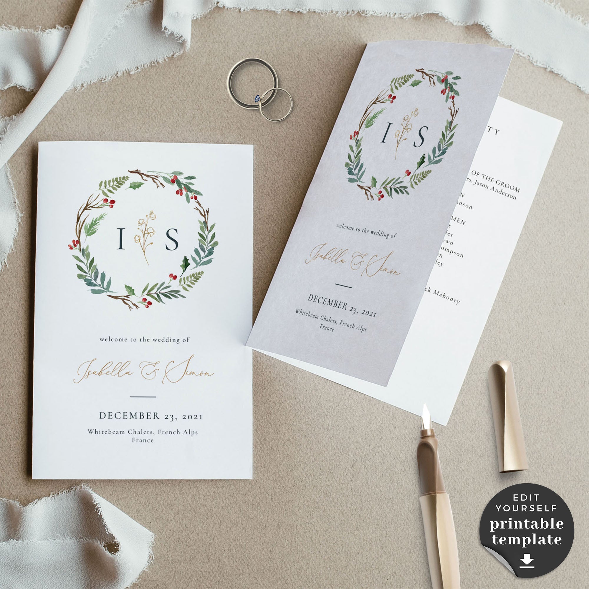 Natalia | Christmas Themed Wedding Program Template