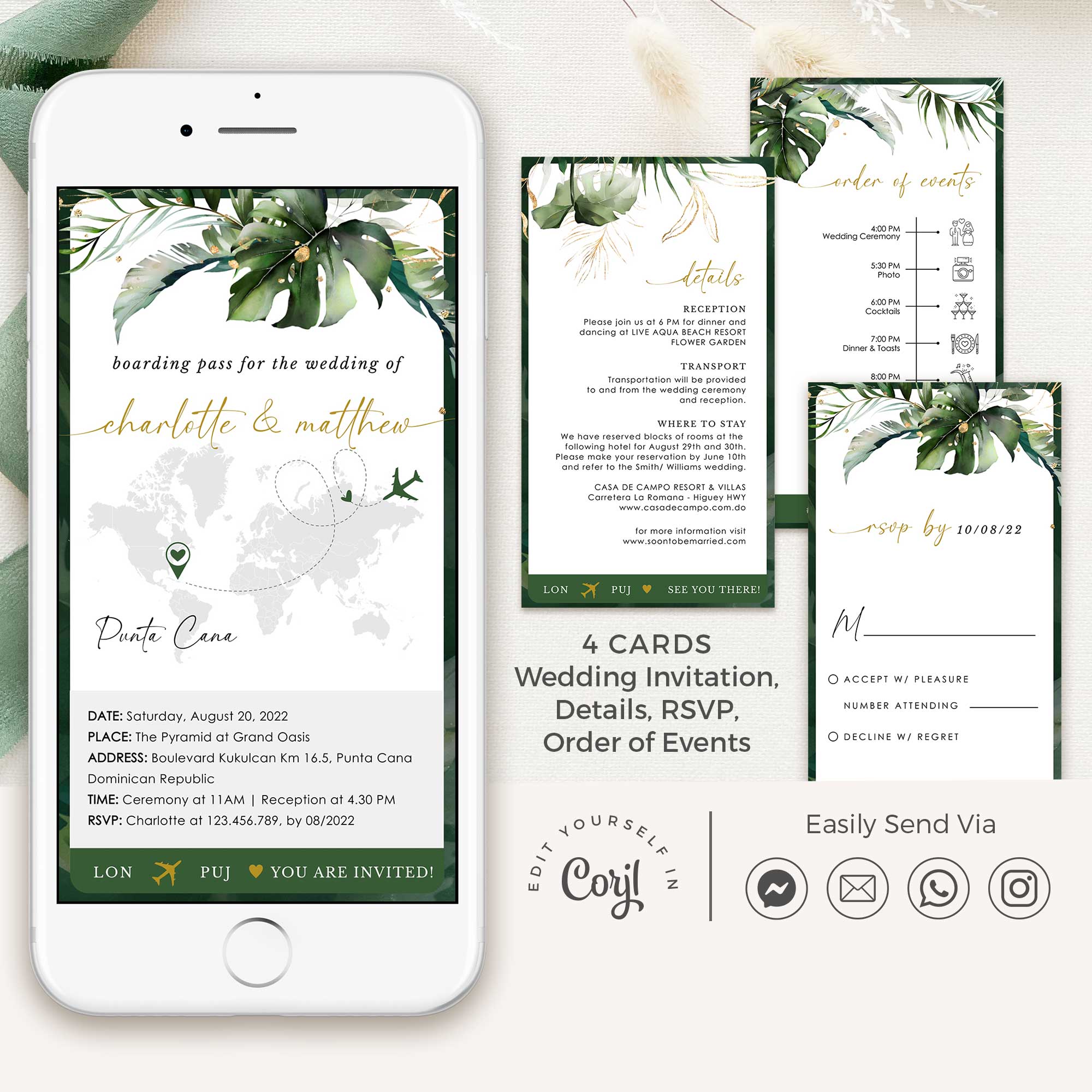 PALMA Tropical Wedding Boarding Pass Wedding Invitation Evite