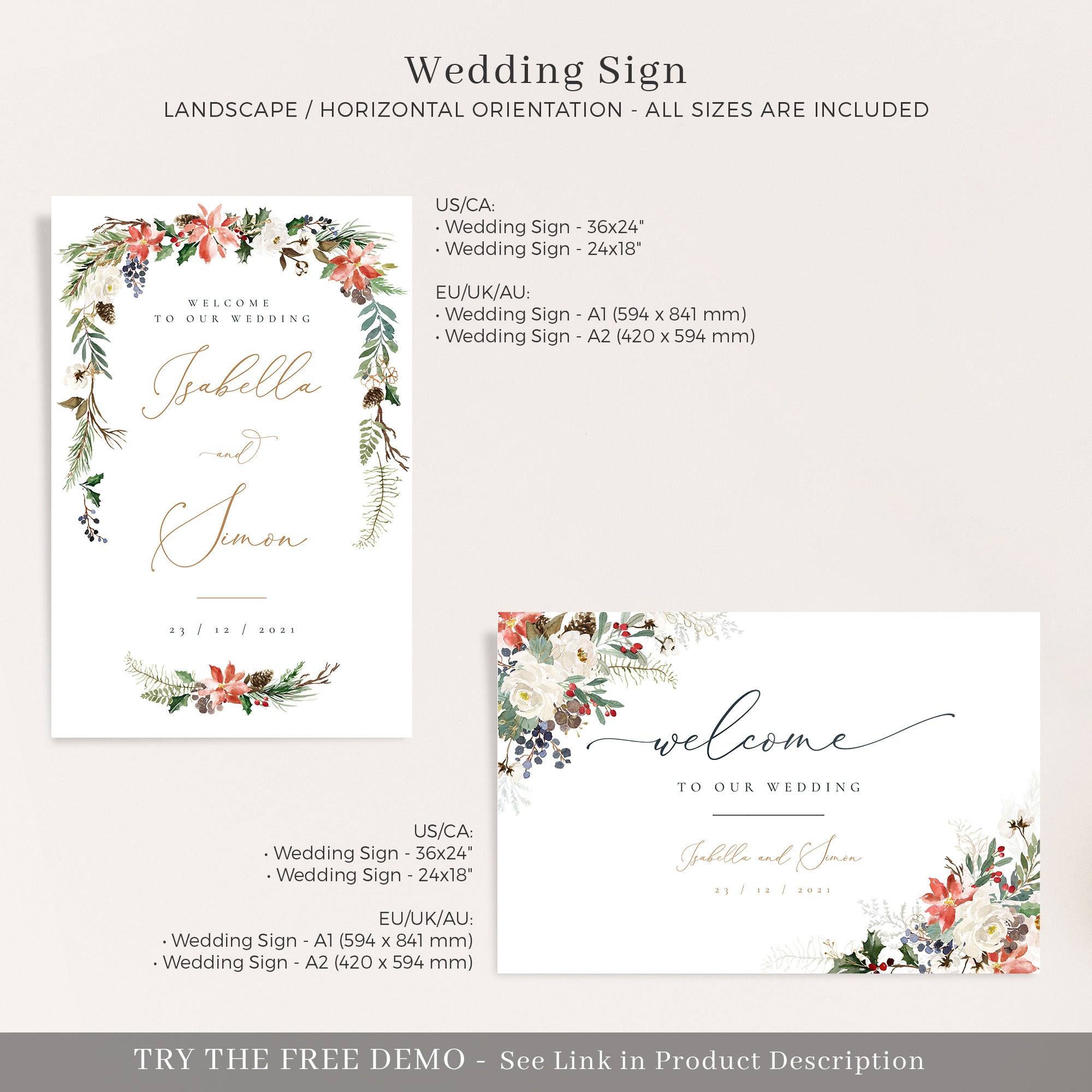 Natalia | Christmas Wedding Reception Signs Template
