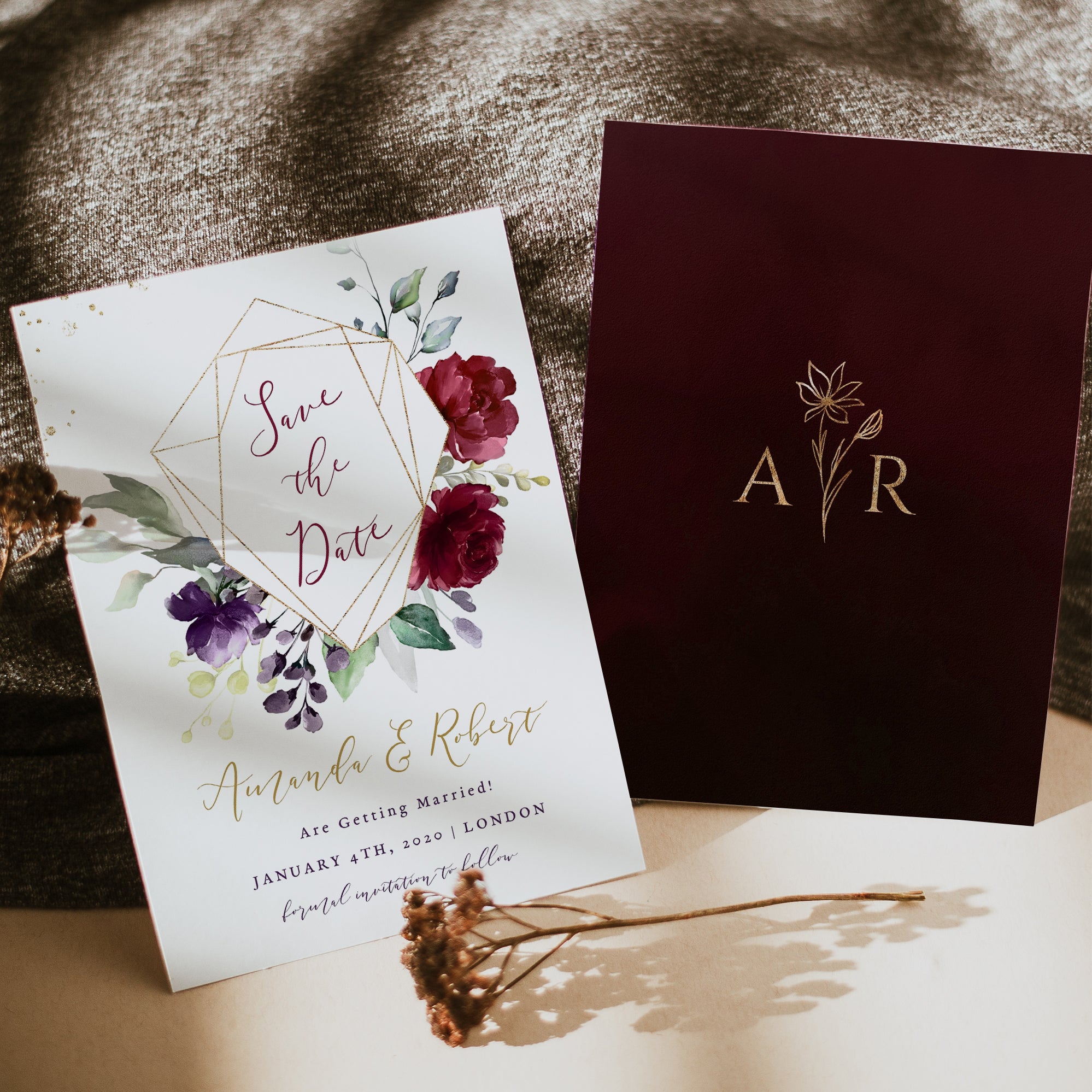 Rossella | Burgundy Save the Date Card Template