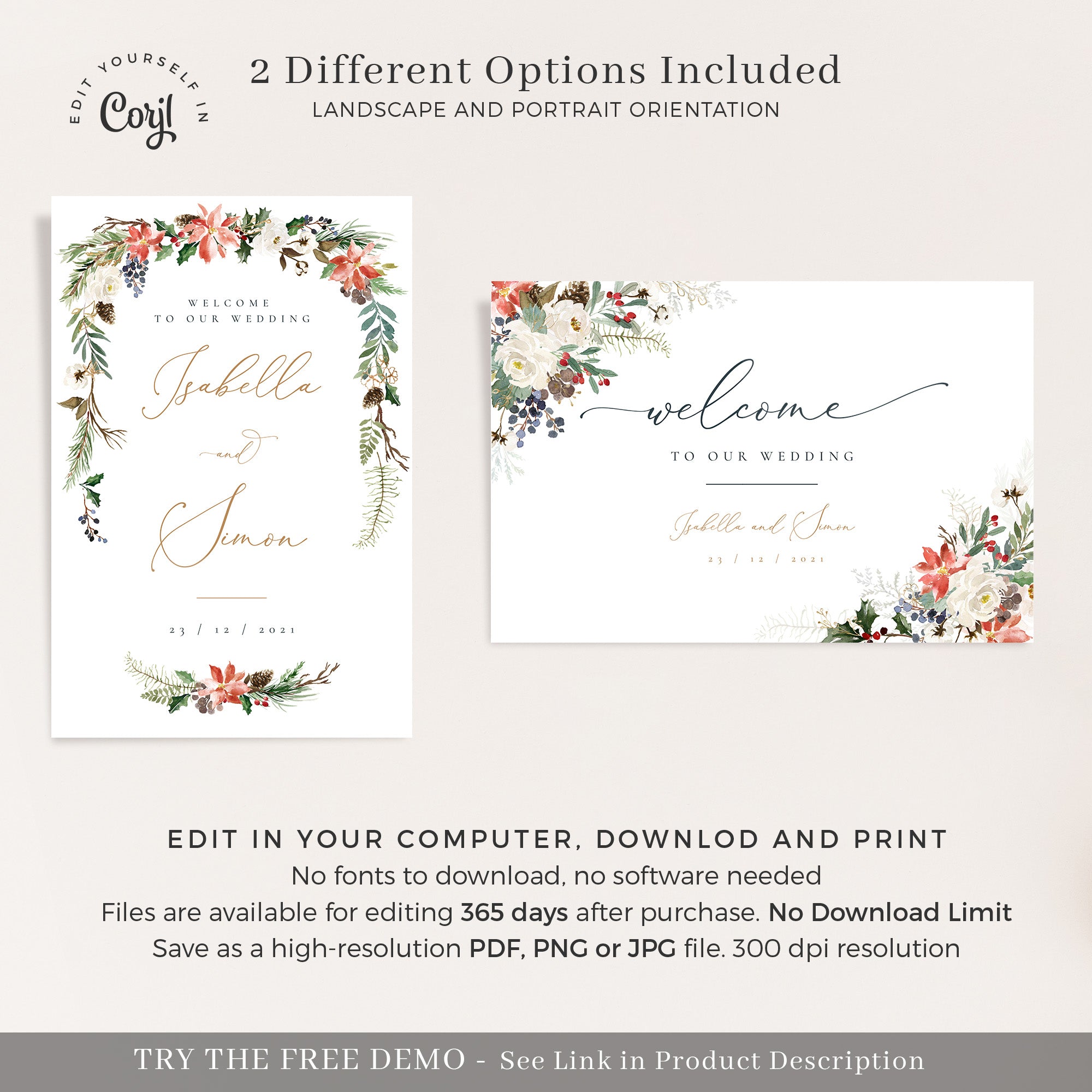 Natalia | Christmas Wedding Reception Signs Template