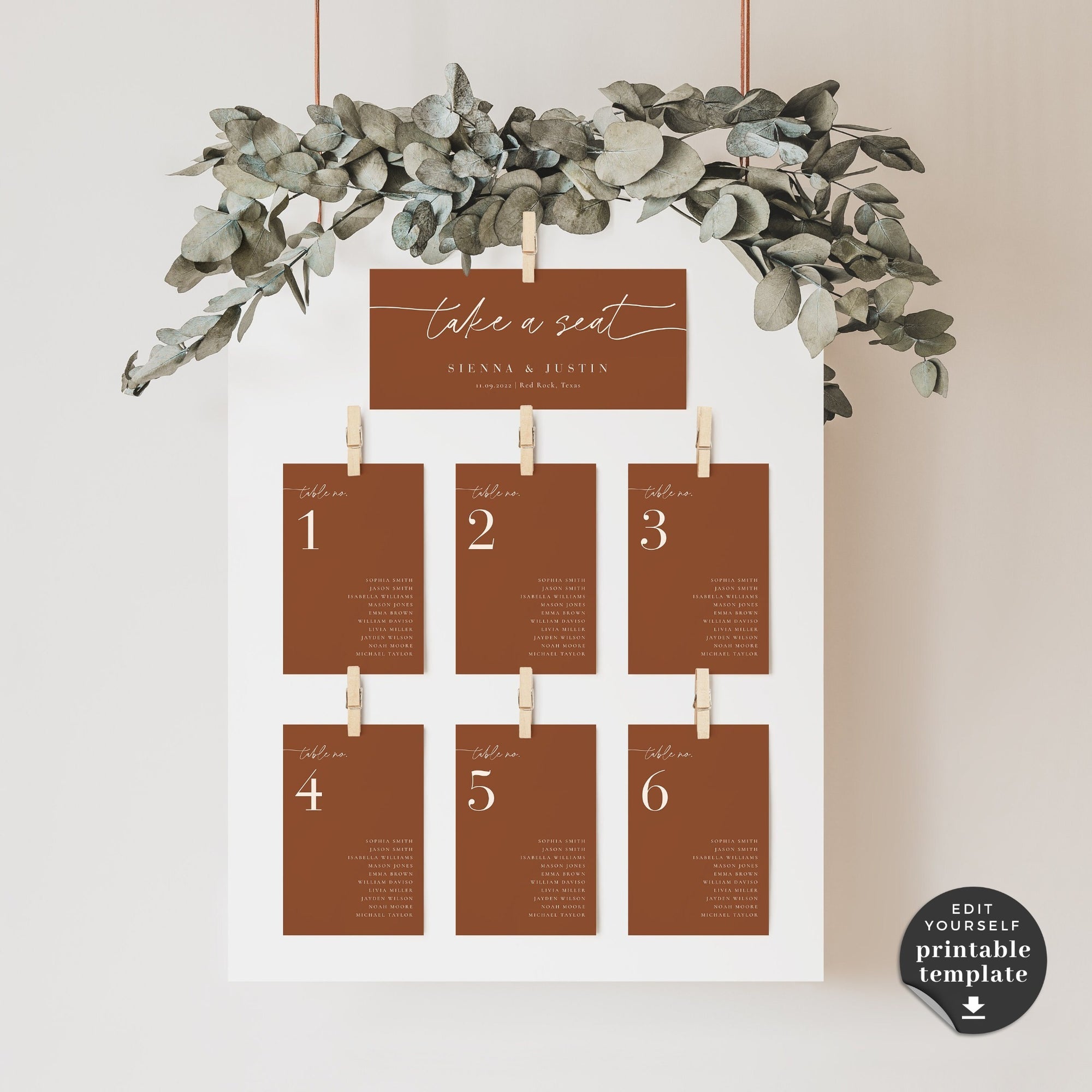 SIENNA Terracotta Seating Chart Cards Wedding Template