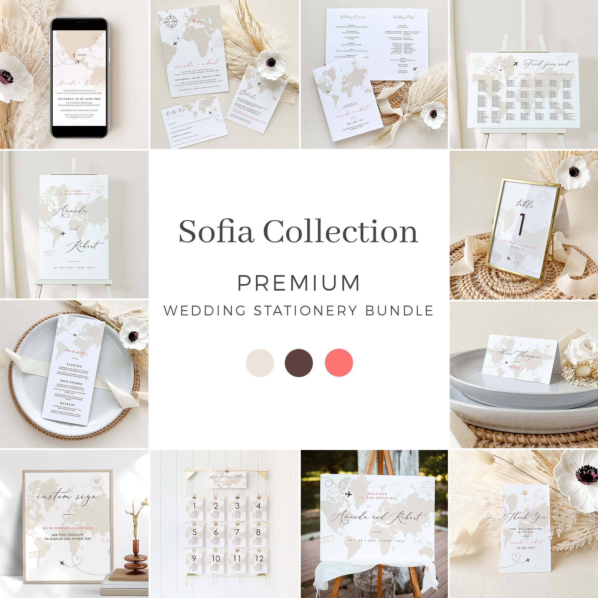 Sofia | Travel Theme Printable Wedding Stationery Bundle Templates