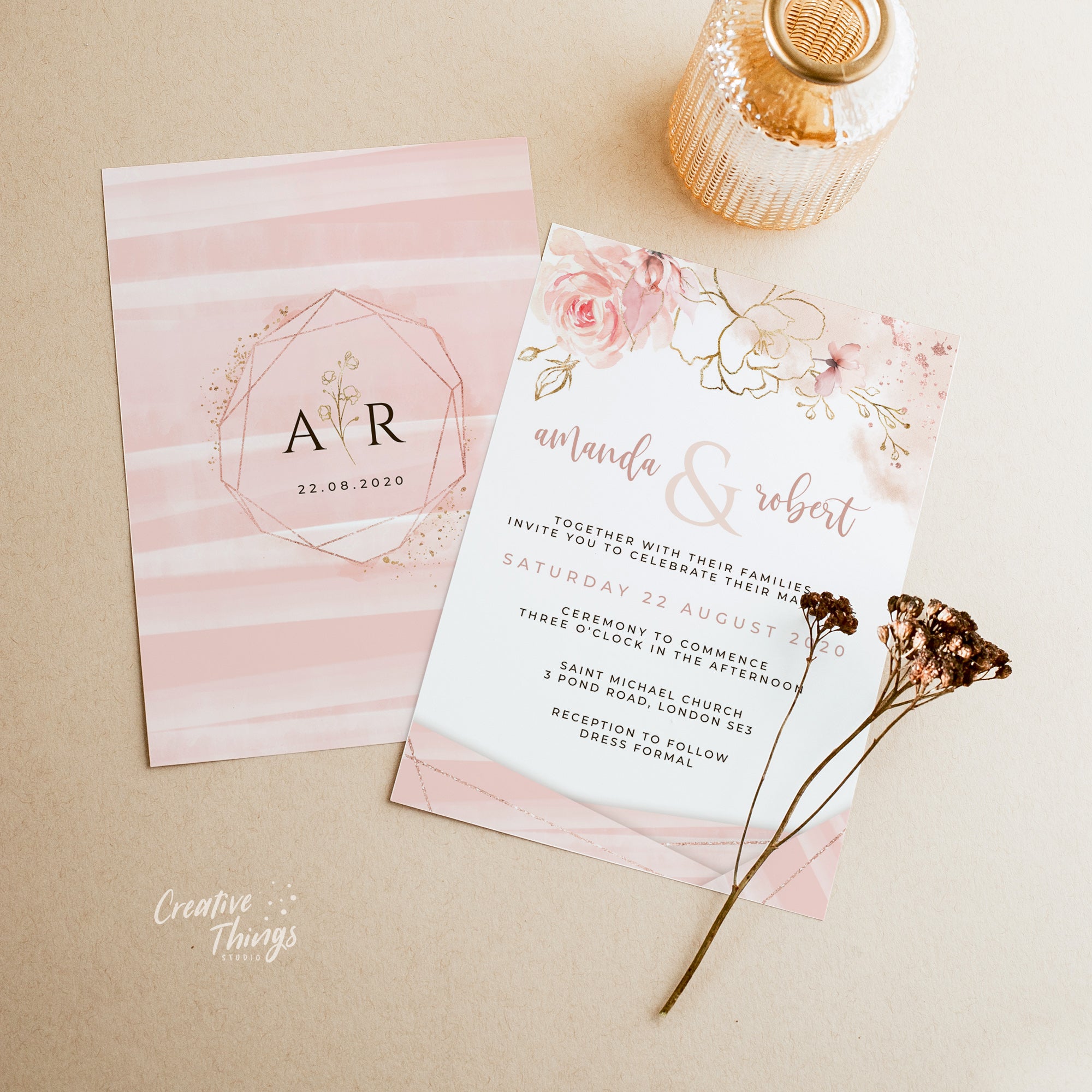 Aurora | Rose Gold Wedding Invitation Suite Template