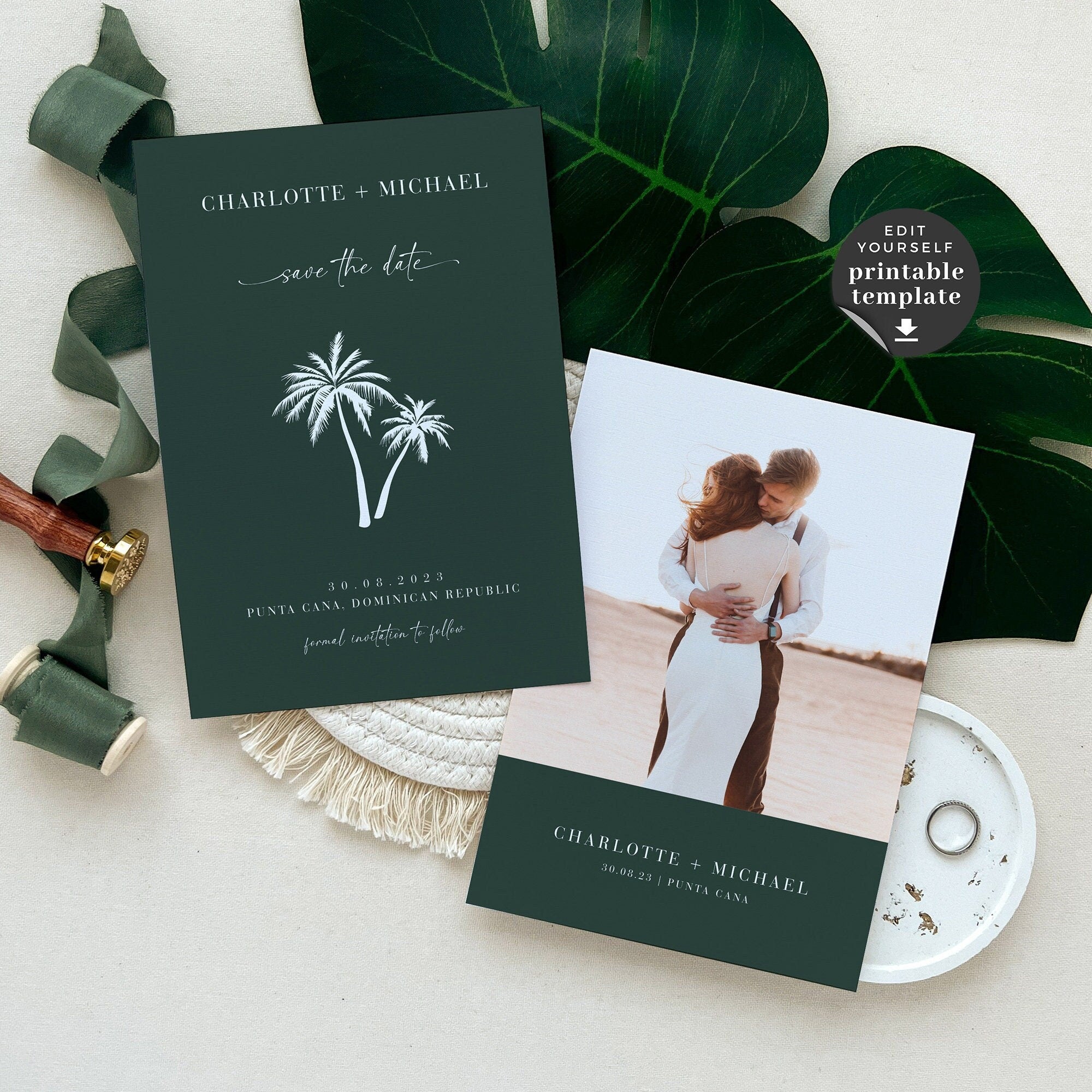 Tropical Palm Trees Save the Date Invitation Template