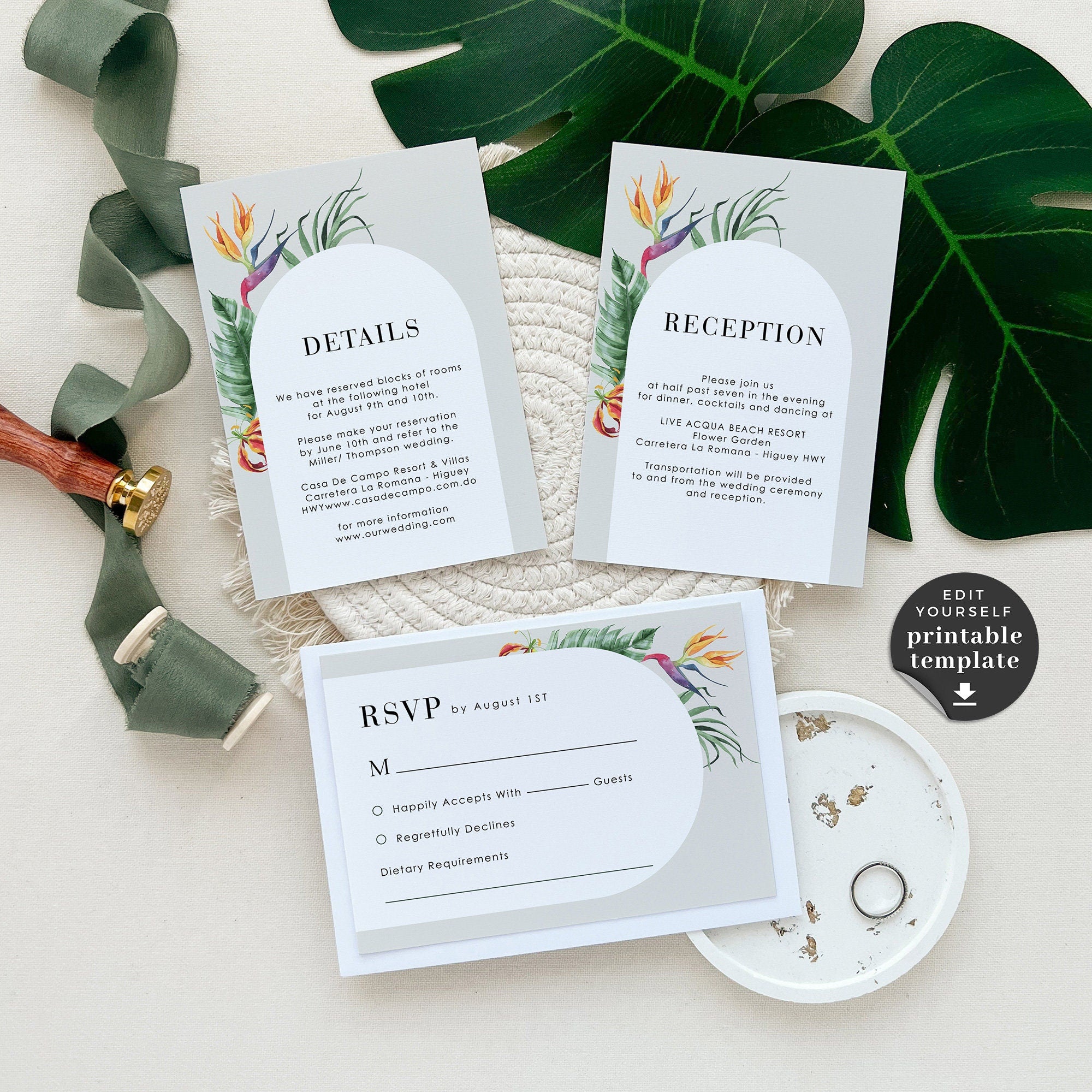 Elegant Tropical Wedding Invitation Template Suite