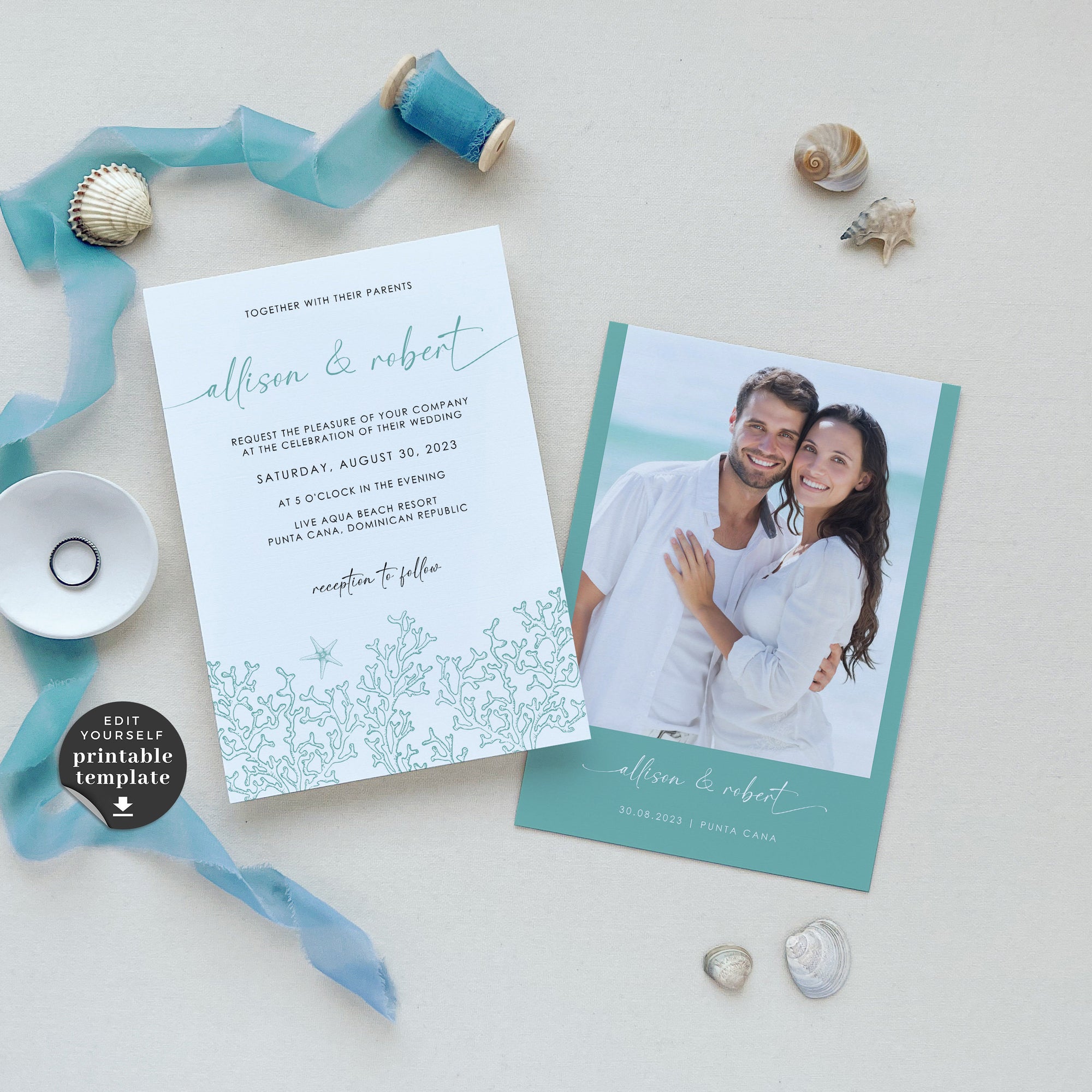 AIDA | Ocean Wedding Invitation with Rsvp Set Template