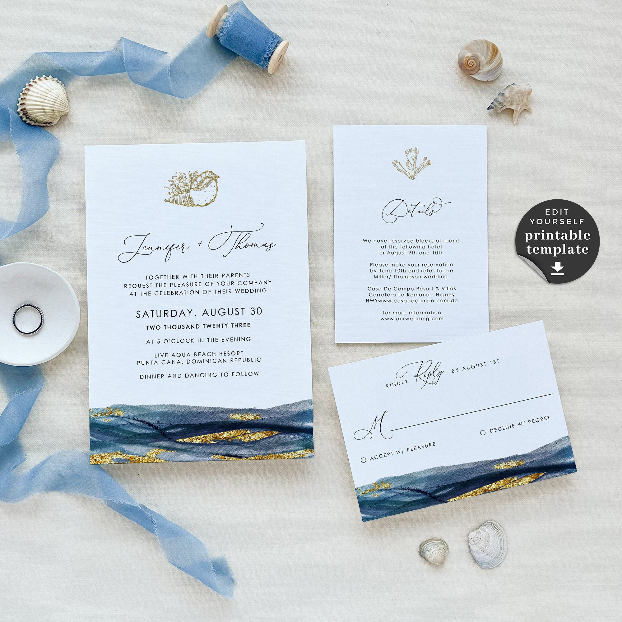 NOA | Elegant Beach Wedding Invitation Set Template – Creative Things Studio, image size:2000x2000