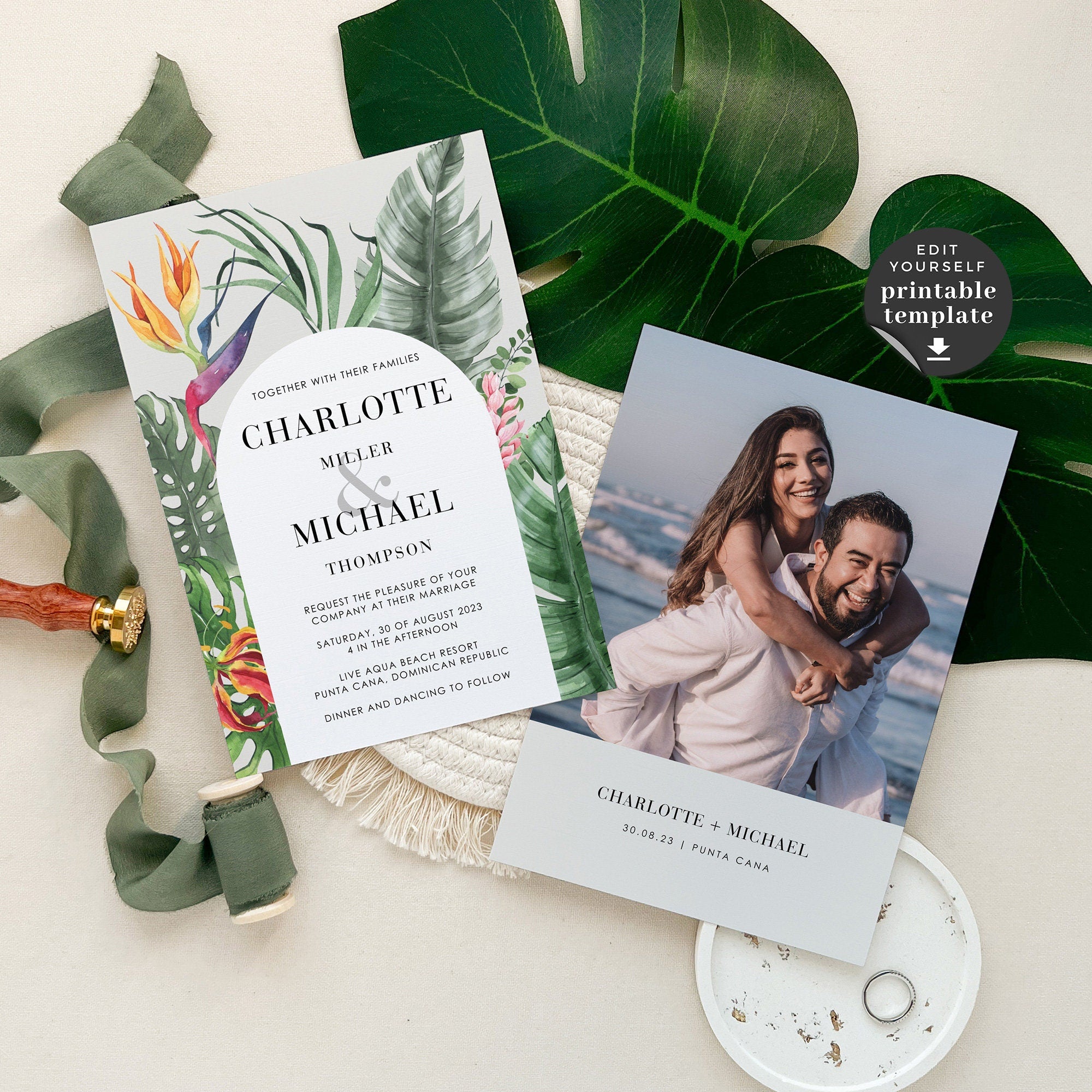 Elegant Tropical Wedding Invitation Template Suite