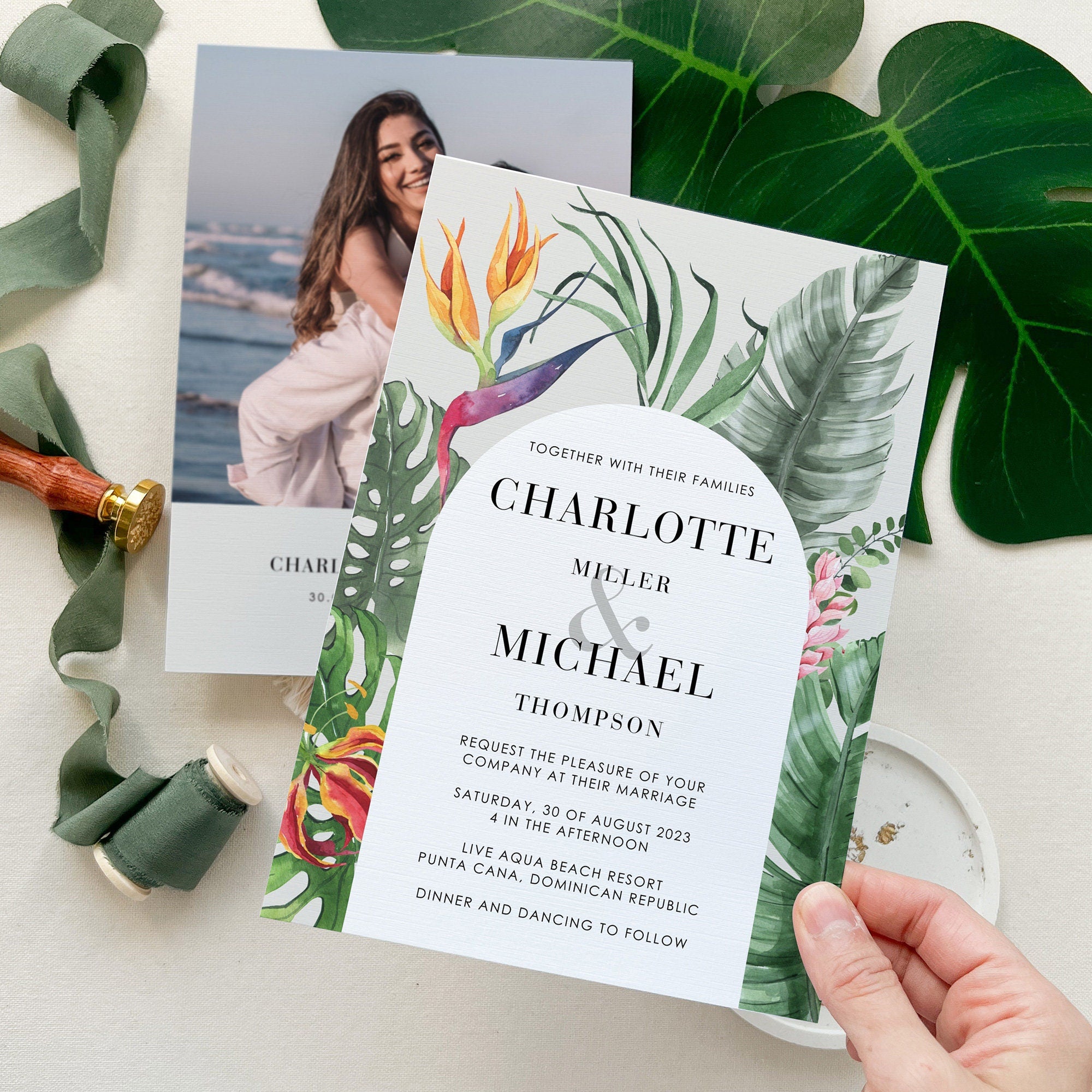 Elegant Tropical Wedding Invitation Template Suite