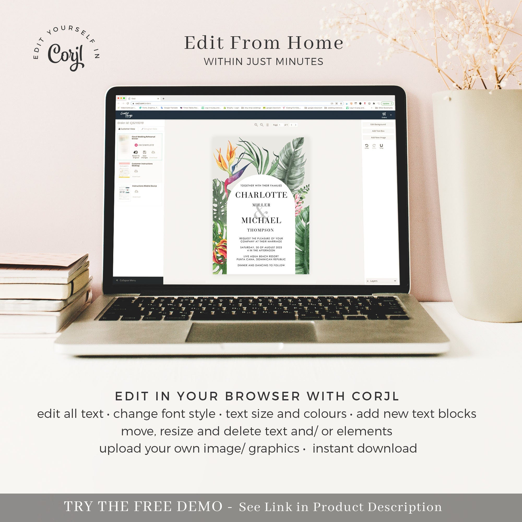 Elegant Tropical Wedding Invitation Template Suite