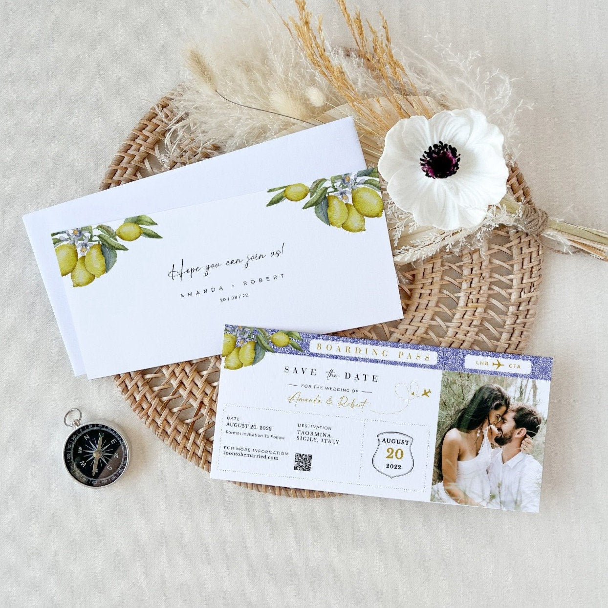 Mediterranean Theme Boarding Pass Save the Date Template
