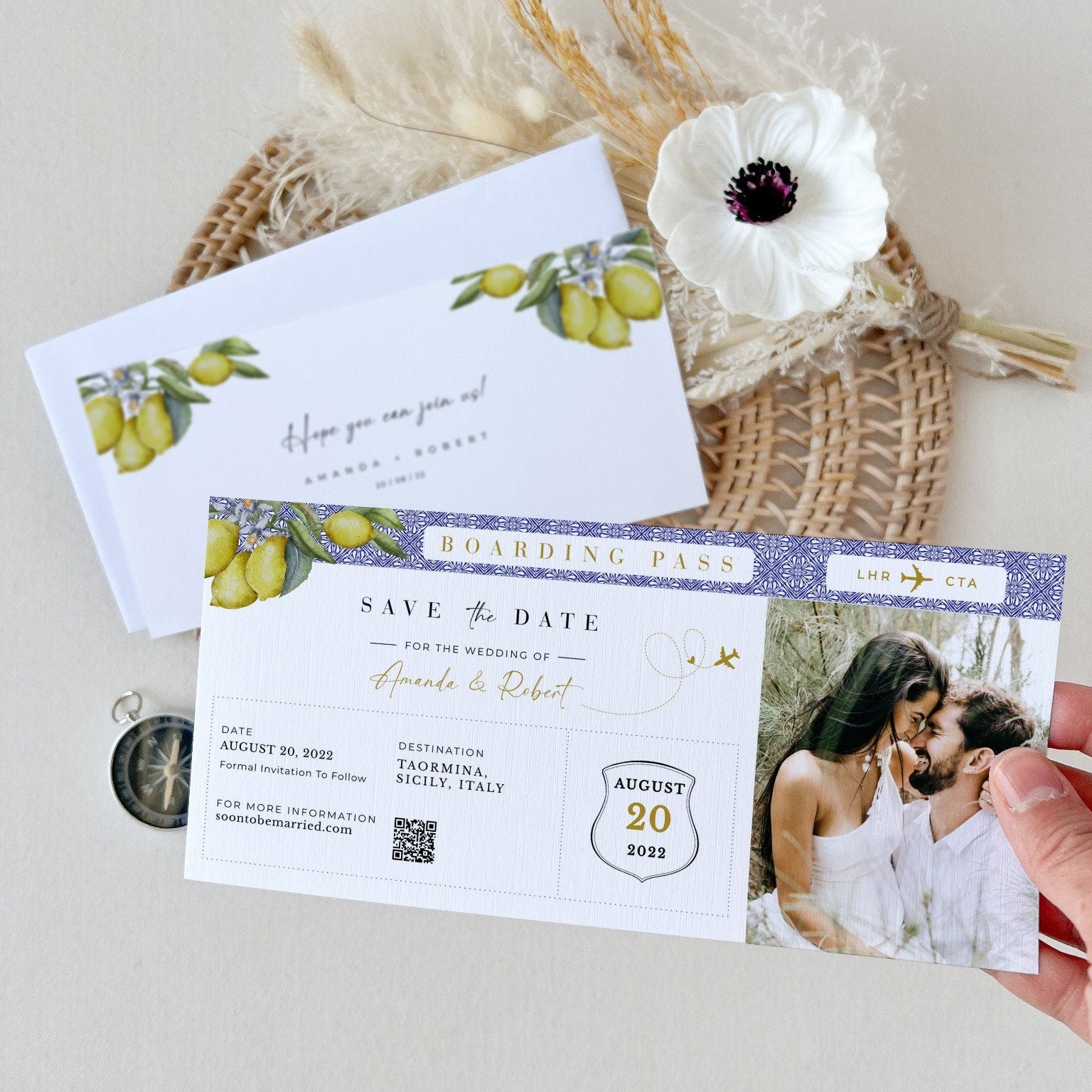 Mediterranean Theme Boarding Pass Save the Date Template