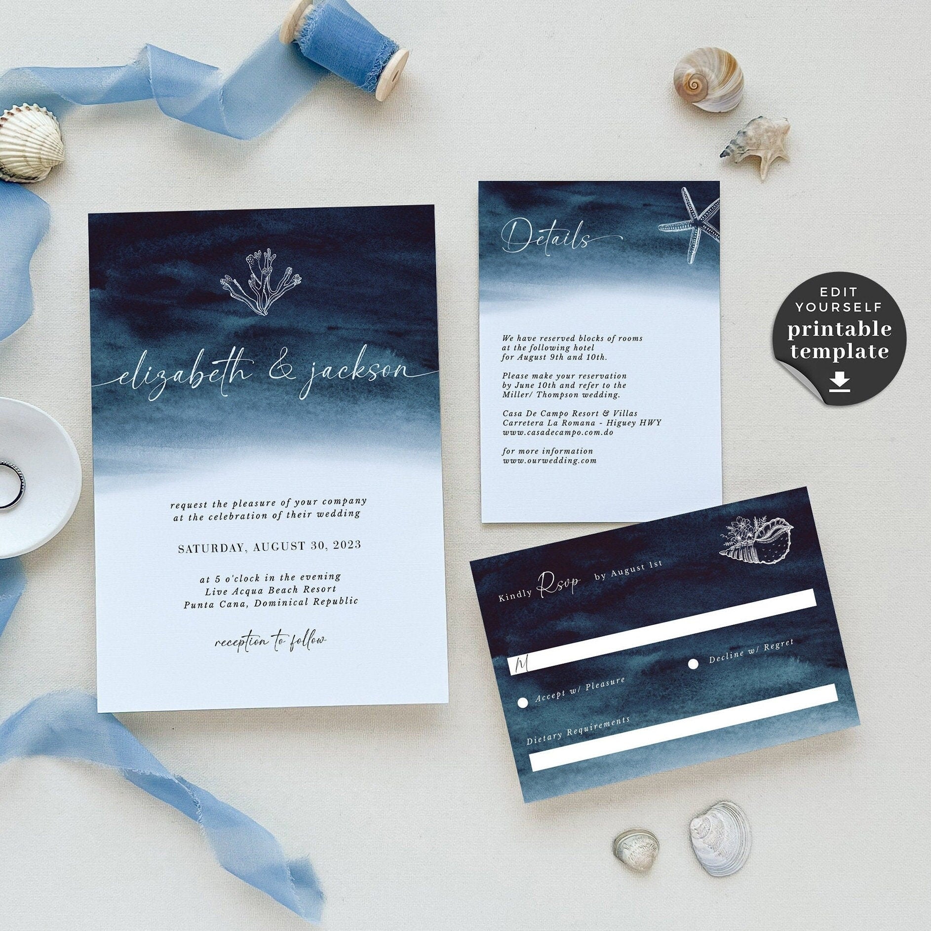 ZAHARA | Navy Destination Beach Wedding Invitation Kit Template – Creative  Things Studio, image size:1886x1886