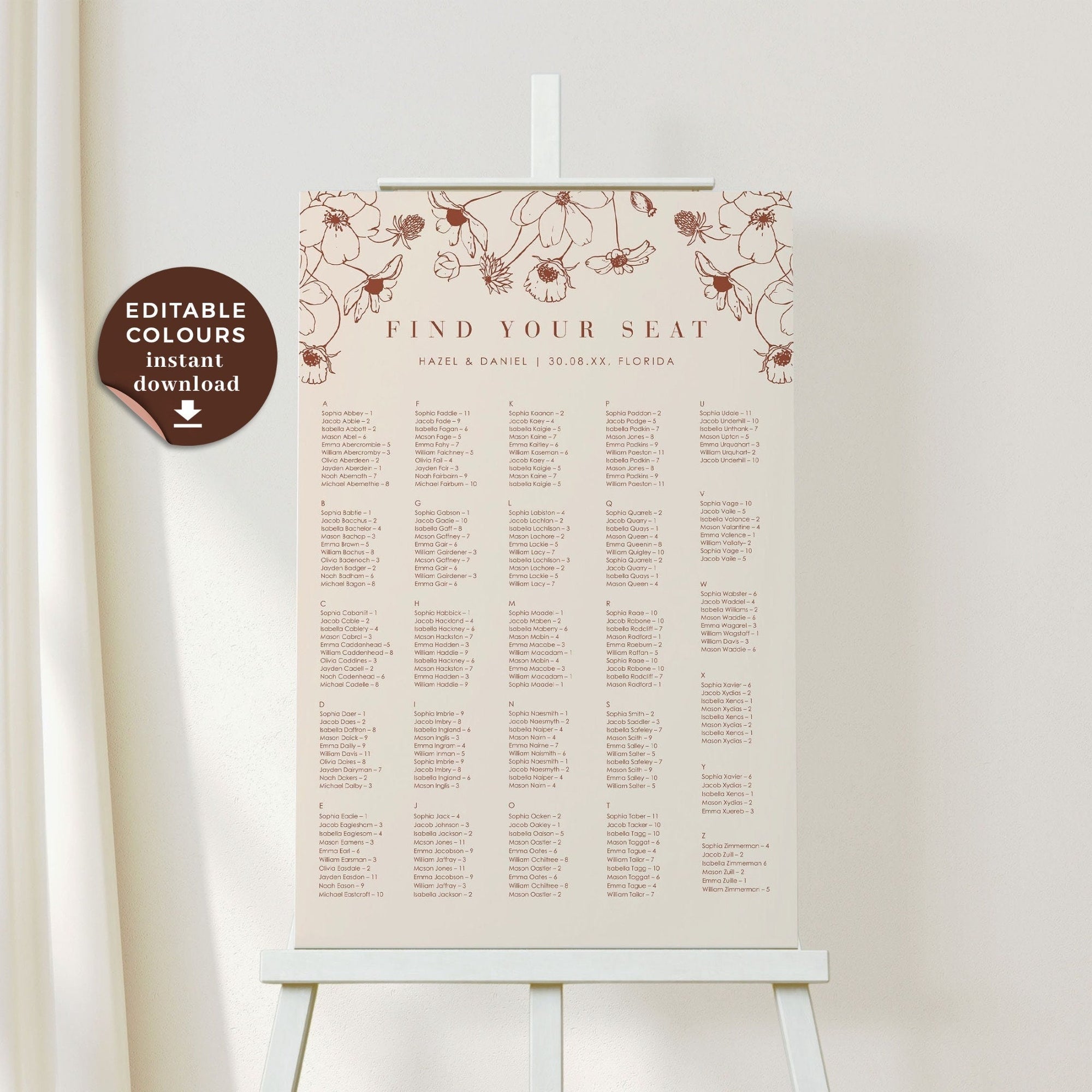 HAZEL Terracotta Wedding Seating Chart Alphabetical