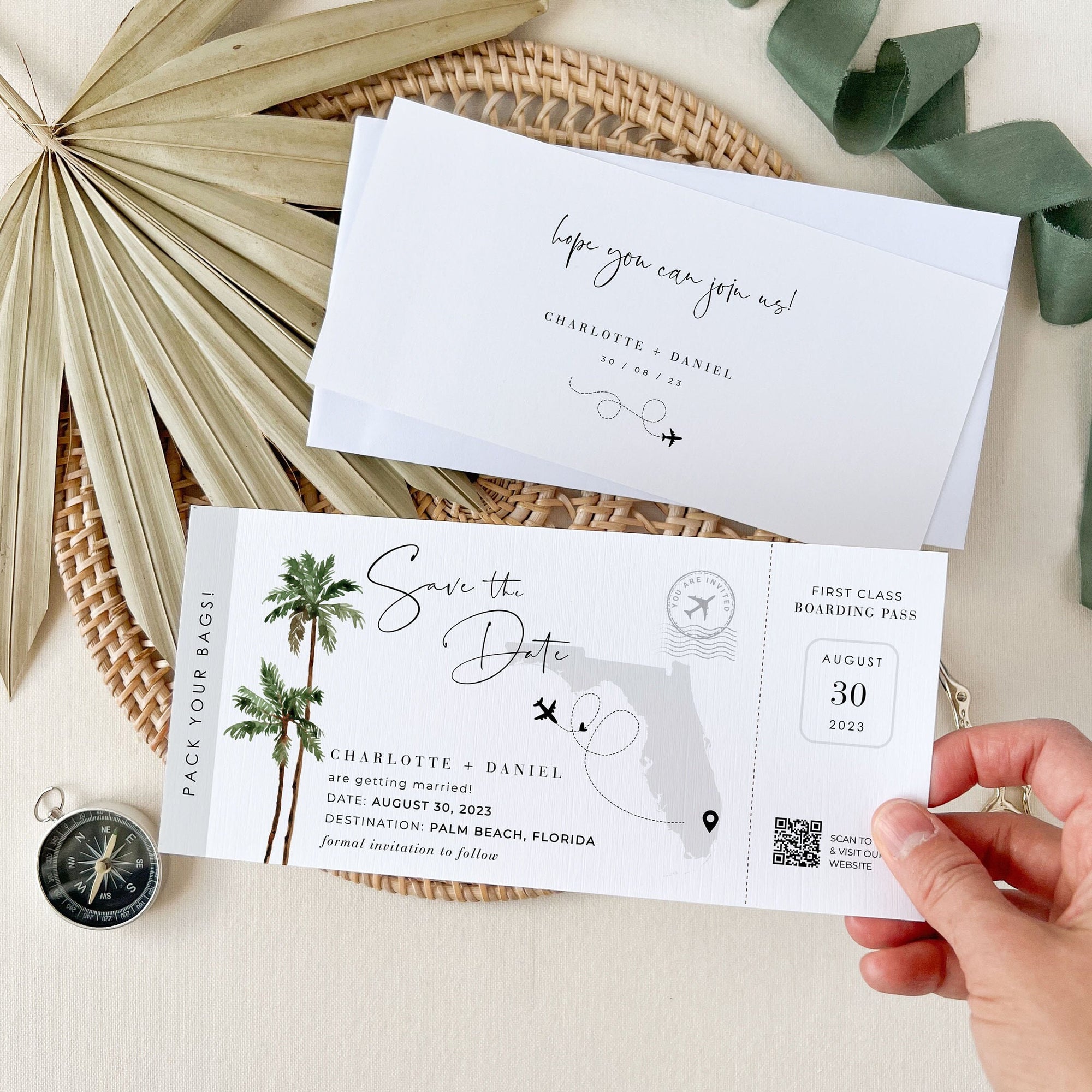 KONA Palm Tree Boarding Pass Save the Date Template