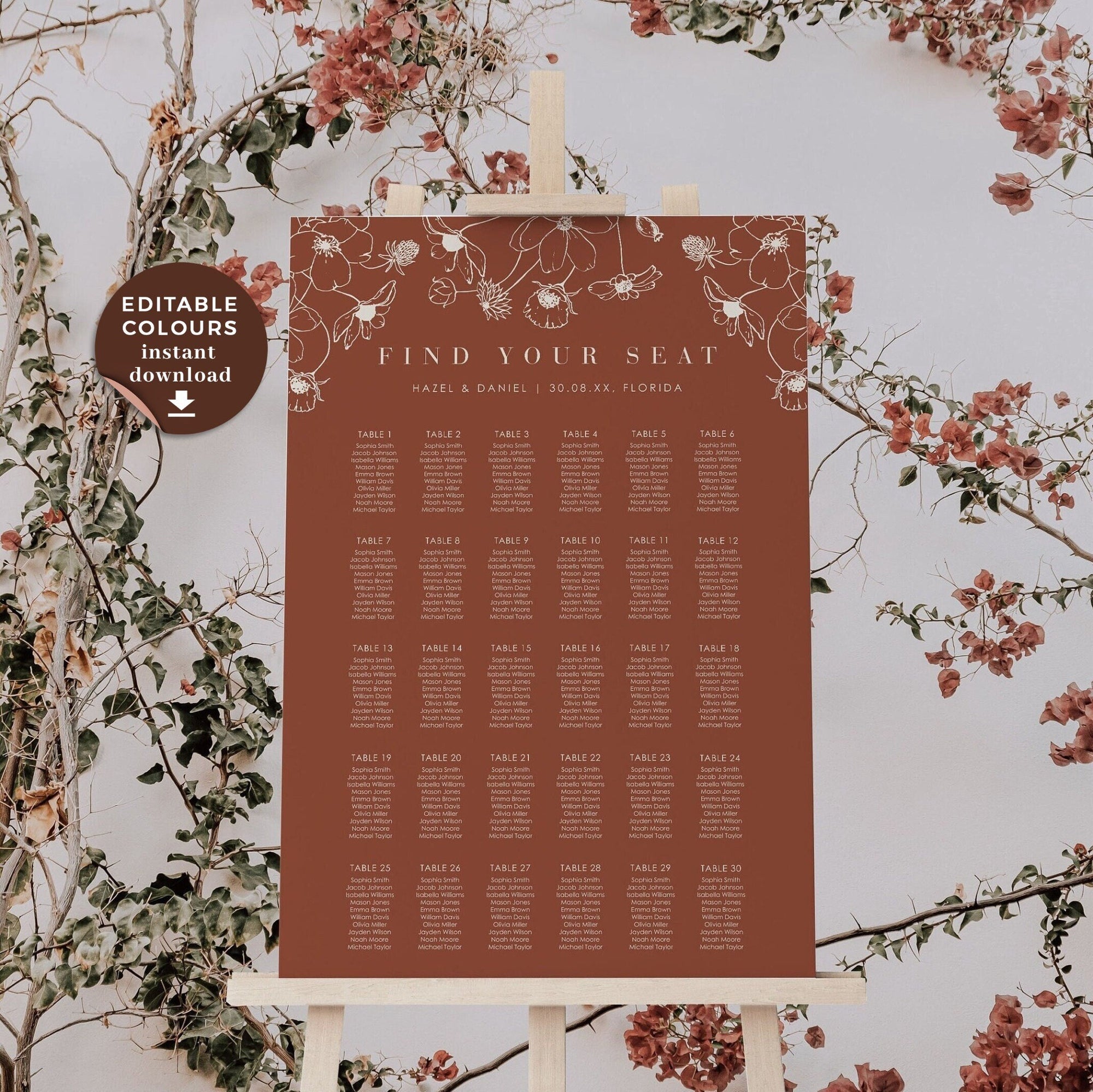 HAZEL Burnt Orange Wedding Seating Chart Printable