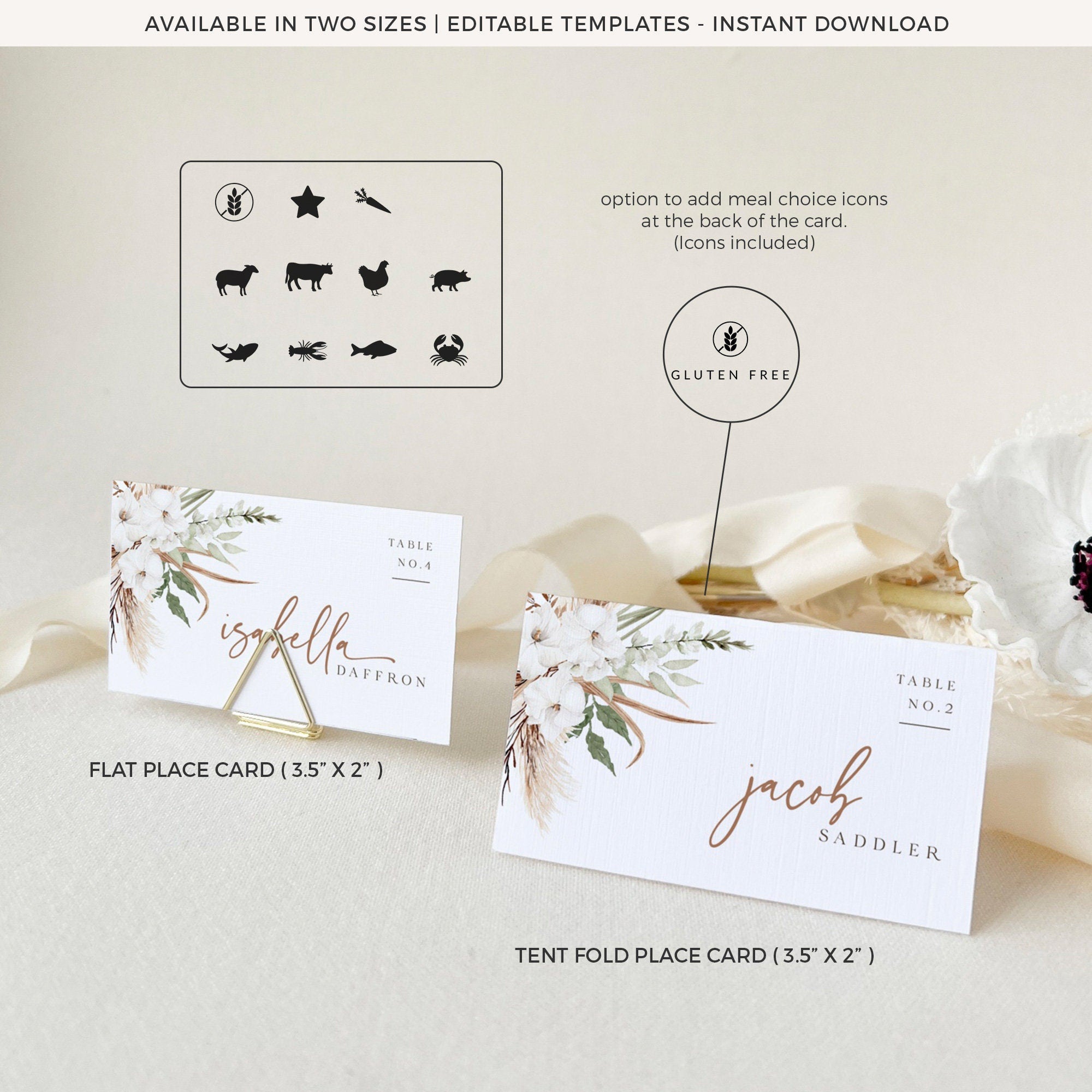 LAUREL Boho Wedding Place Cards Template – Creative Things Studio, image size:2000x2000