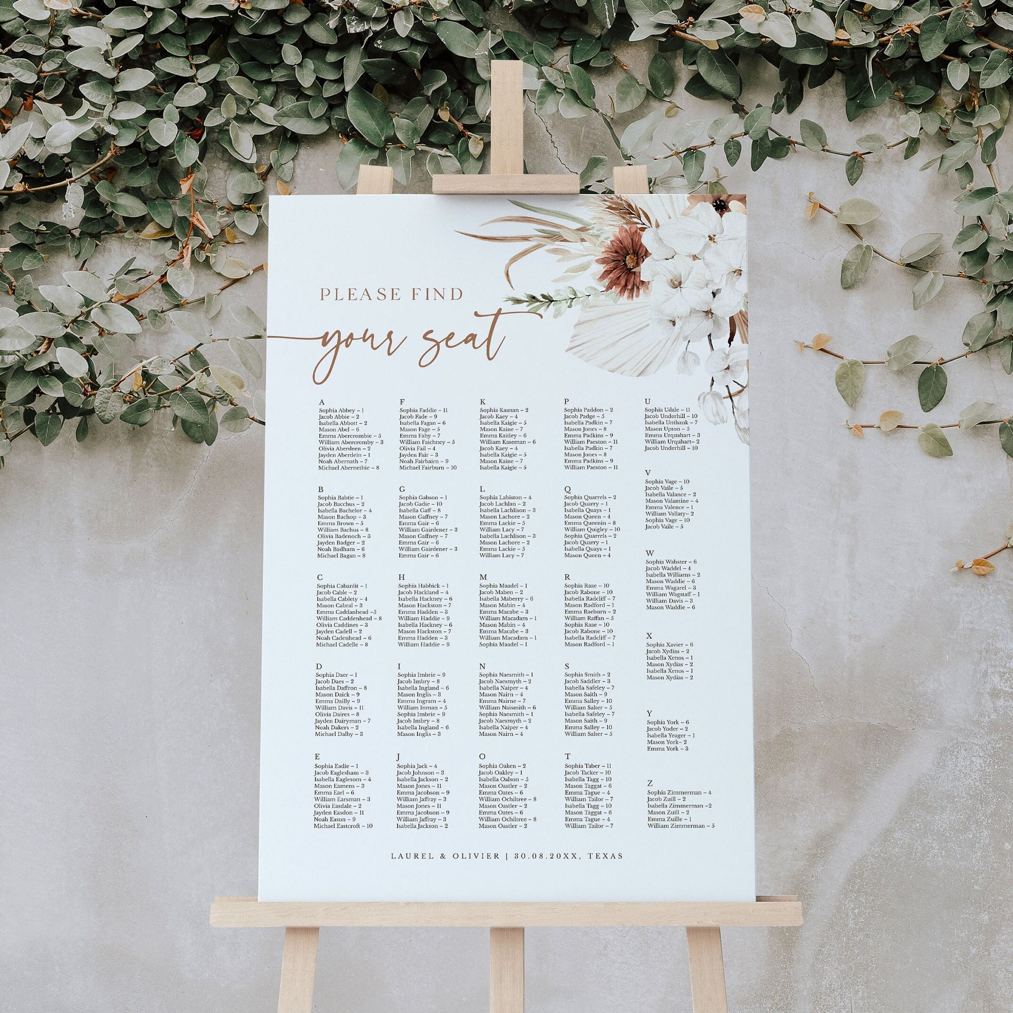 LAUREL Alphabetical Wedding Seating Chart Template