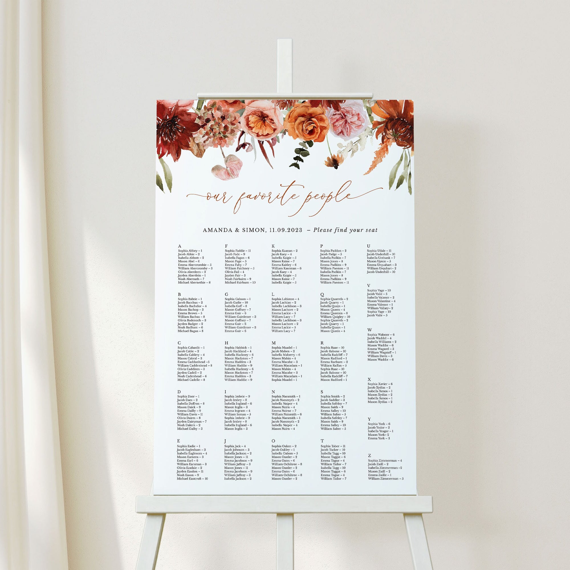 SCARLETT Boho Seating Chart Template Alphabetical Order
