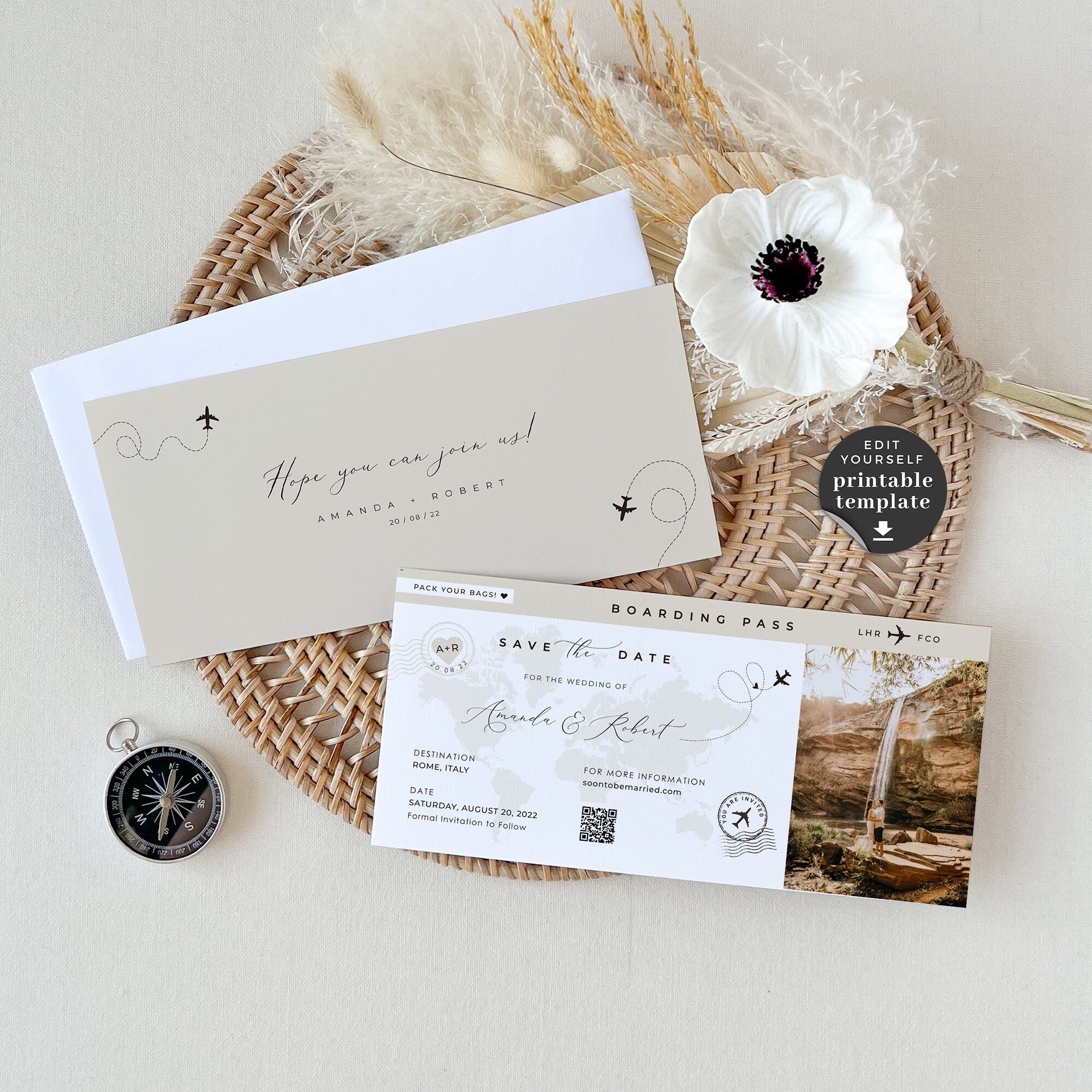 SOFIA Passport Wedding Invitation & Boarding Pass Save the Date Template Bundle