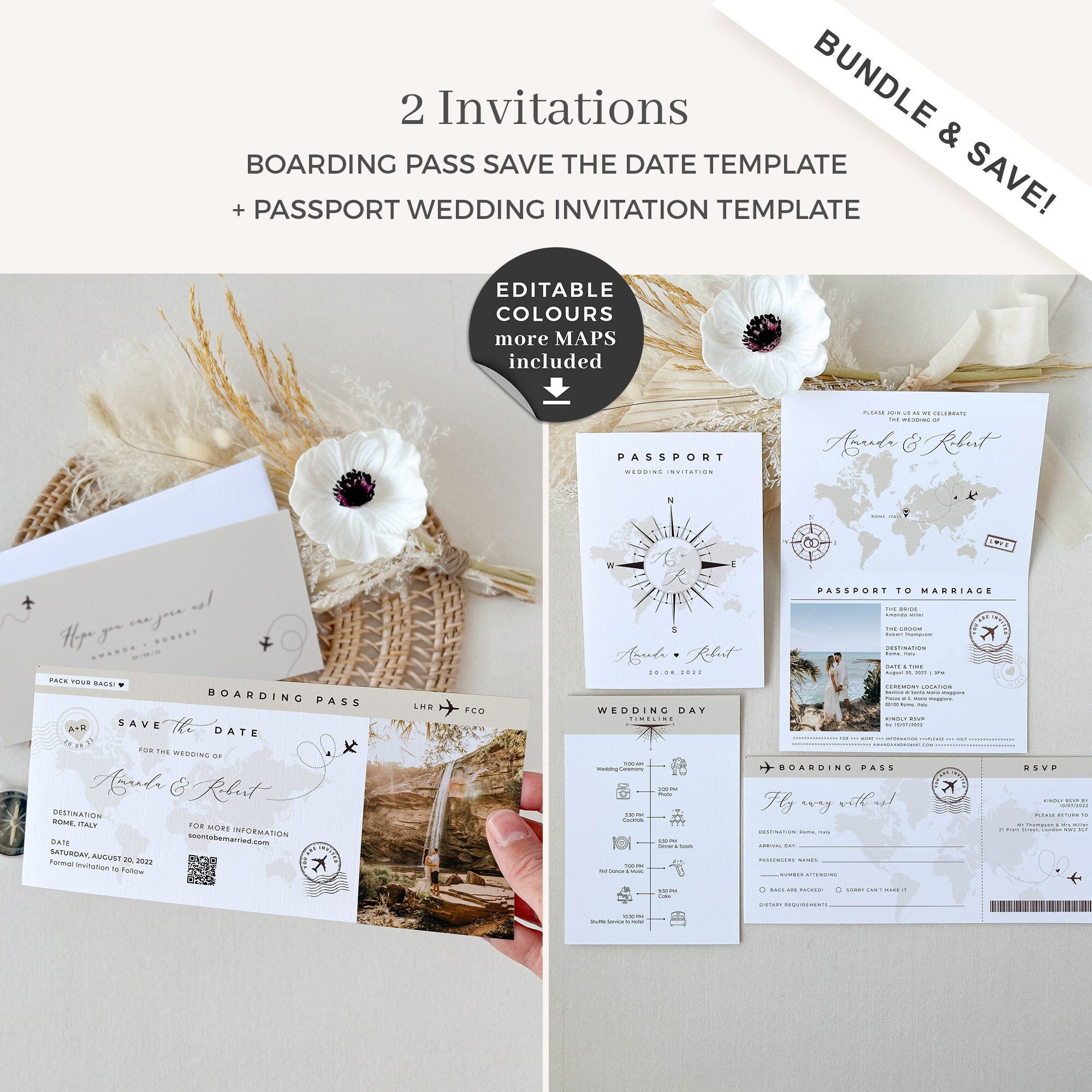 SOFIA Passport Wedding Invitation & Boarding Pass Save the Date Template Bundle