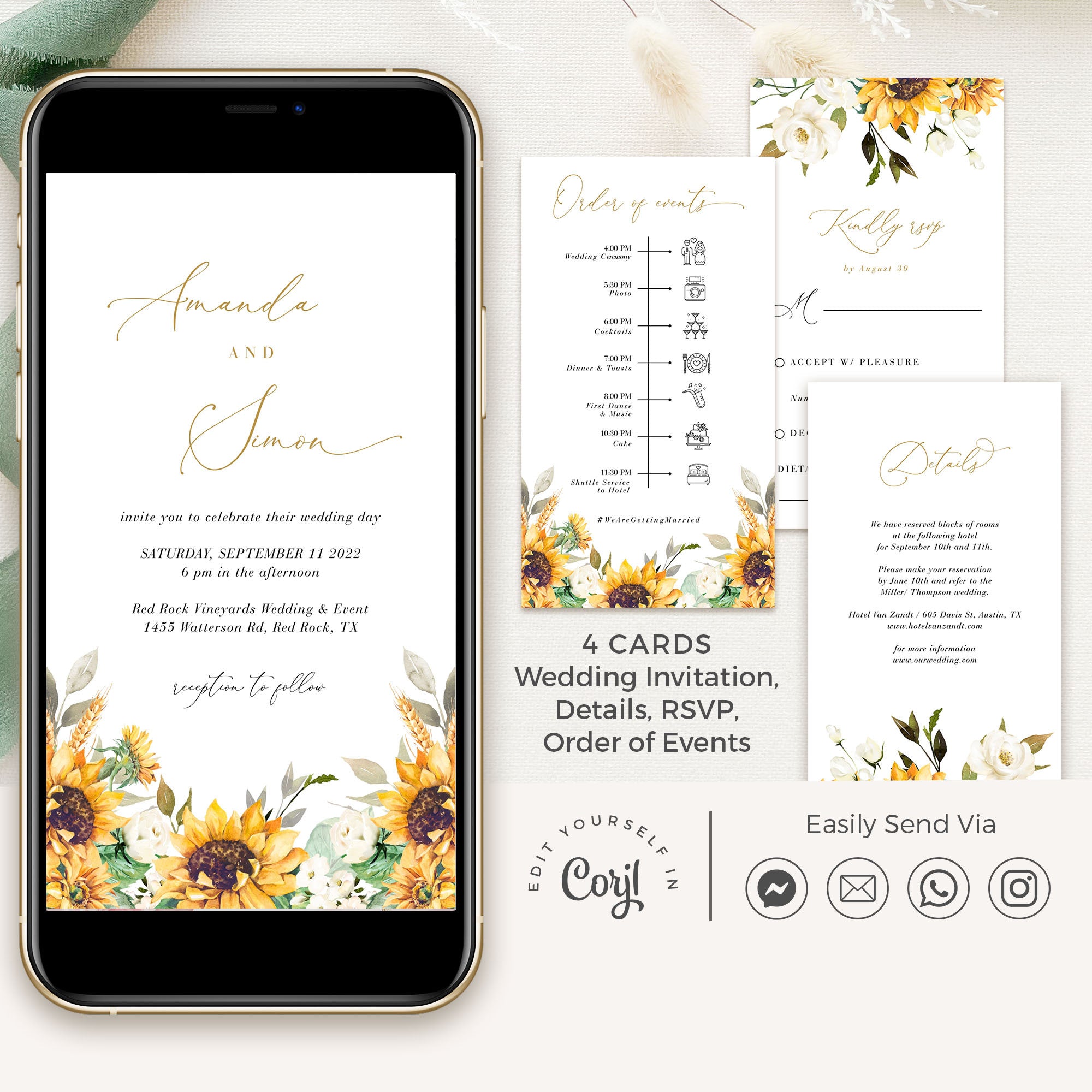 MARISOL Electronic Wedding Invitations with Sunflowers and Roses