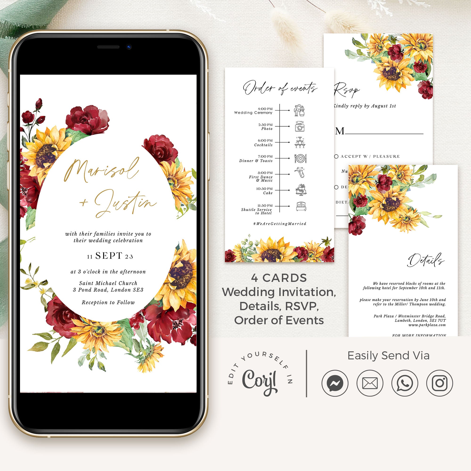 RUBY Digital Wedding Invitations Red Roses and Sunflowers