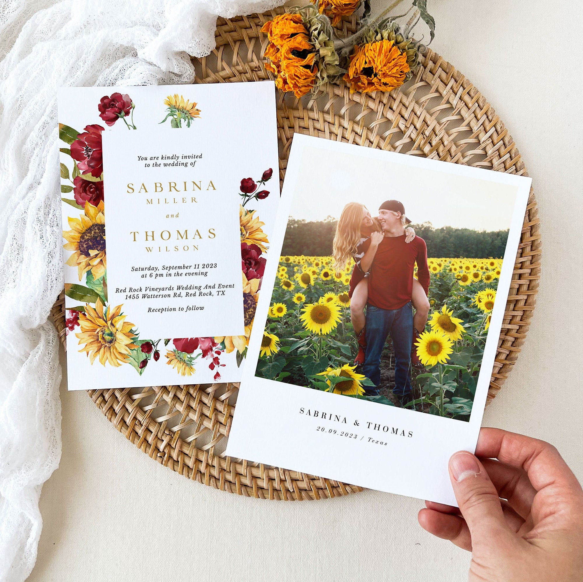 RUBY Rustic Wedding Invitations Sunflowers Template – Creative Things Studio, image size:2000x1999